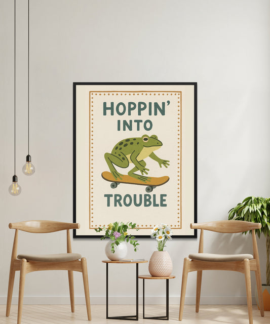 Hoppin' Into Trouble Frog Poster, Playful Kids Room Wall Art, Colorful Nursery Decor, Animal Print, Fun Artwork for Children's Bedroom
