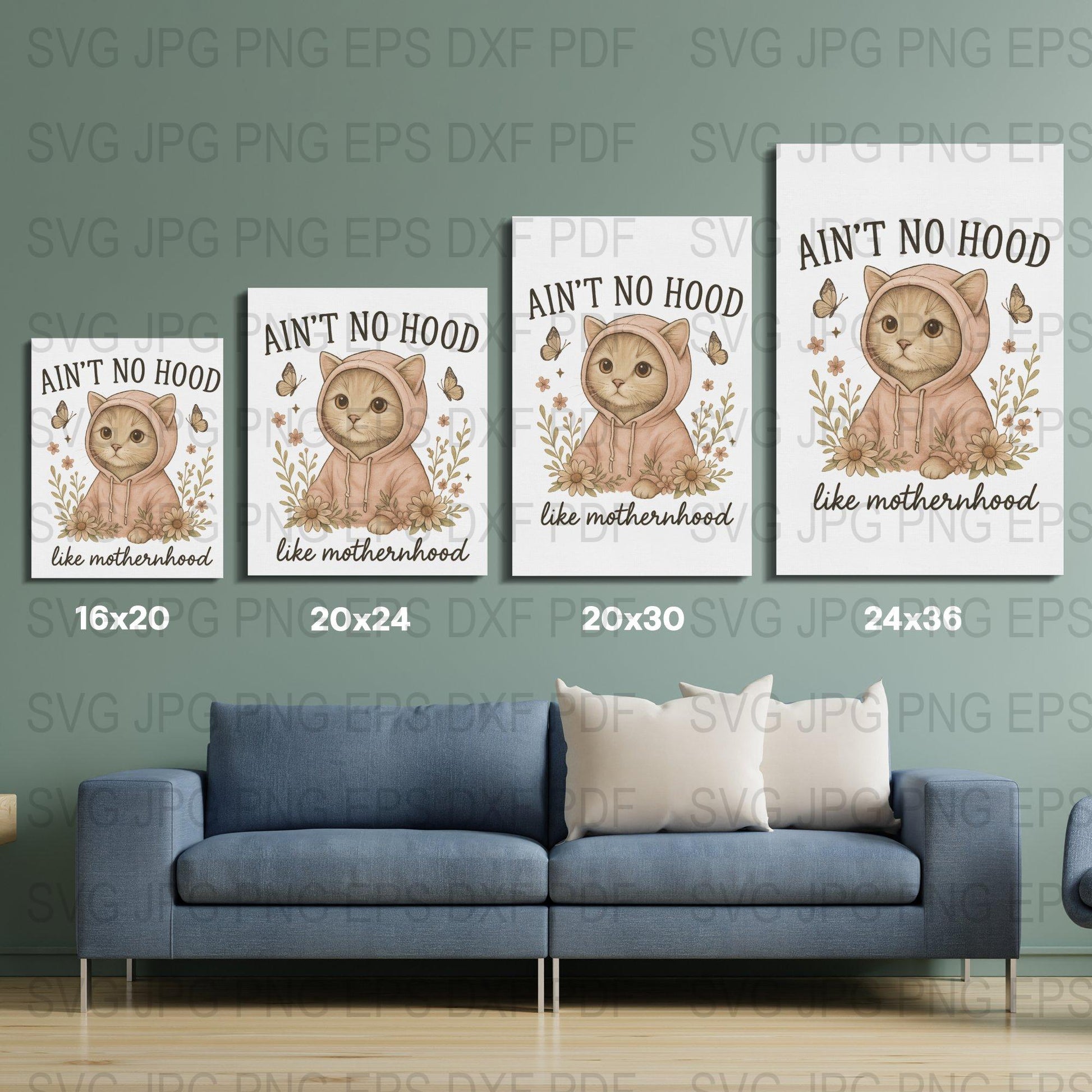 Ain't No Hood Like Motherhood Cat Poster, Nursery Wall Art, Digital Download, SVG, JPG, PNG Formats Available