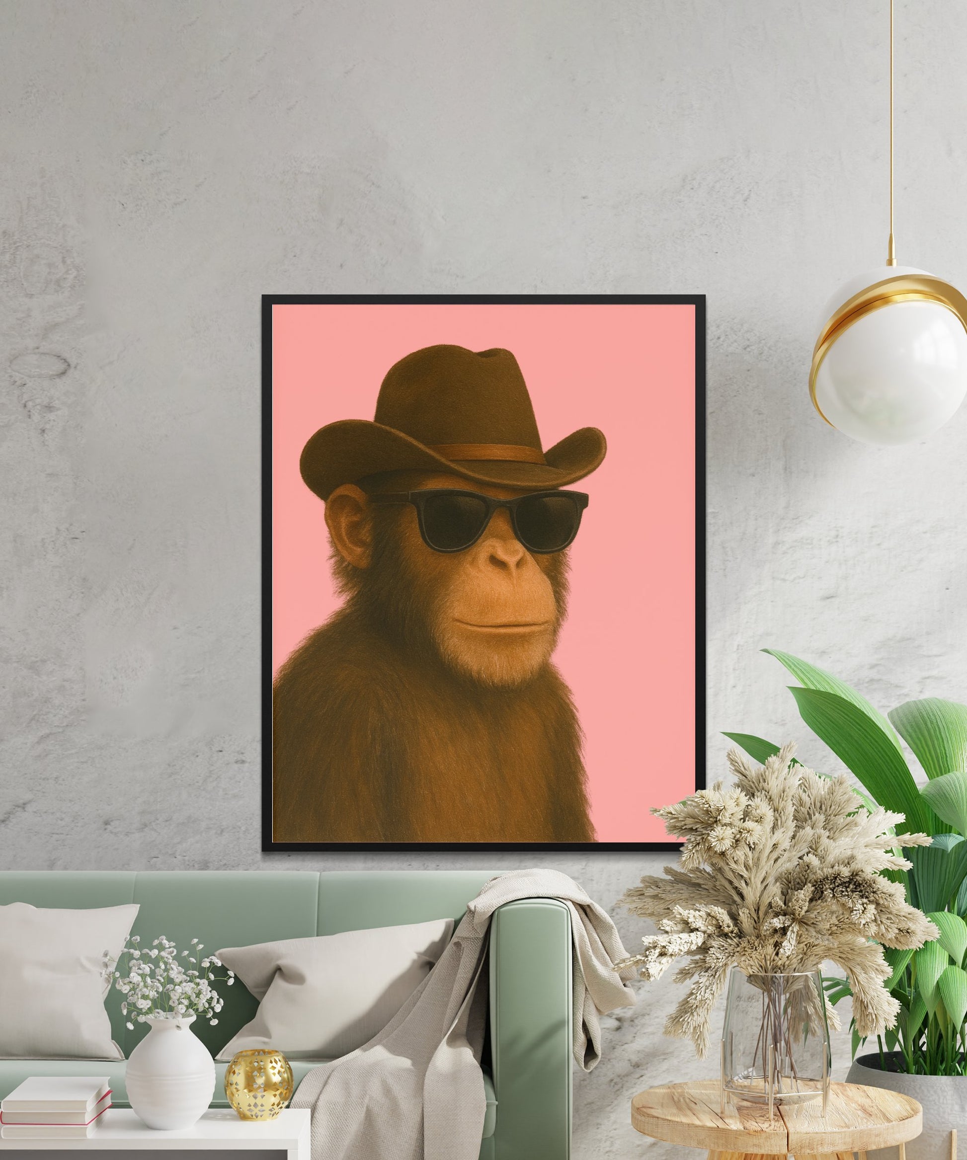 Monkey in Hat Wall Art, Quirky Animal Poster, Modern Living Room Decor, Unique Gift Idea