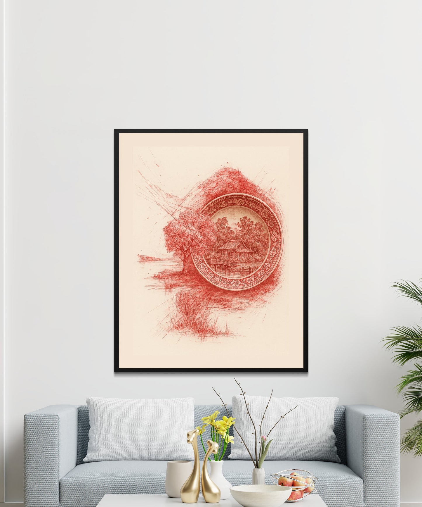 Vintage Asian Seal Art Print, Minimalist Red and Black Decor, Oriental Wall Art, Living Room Enhancement