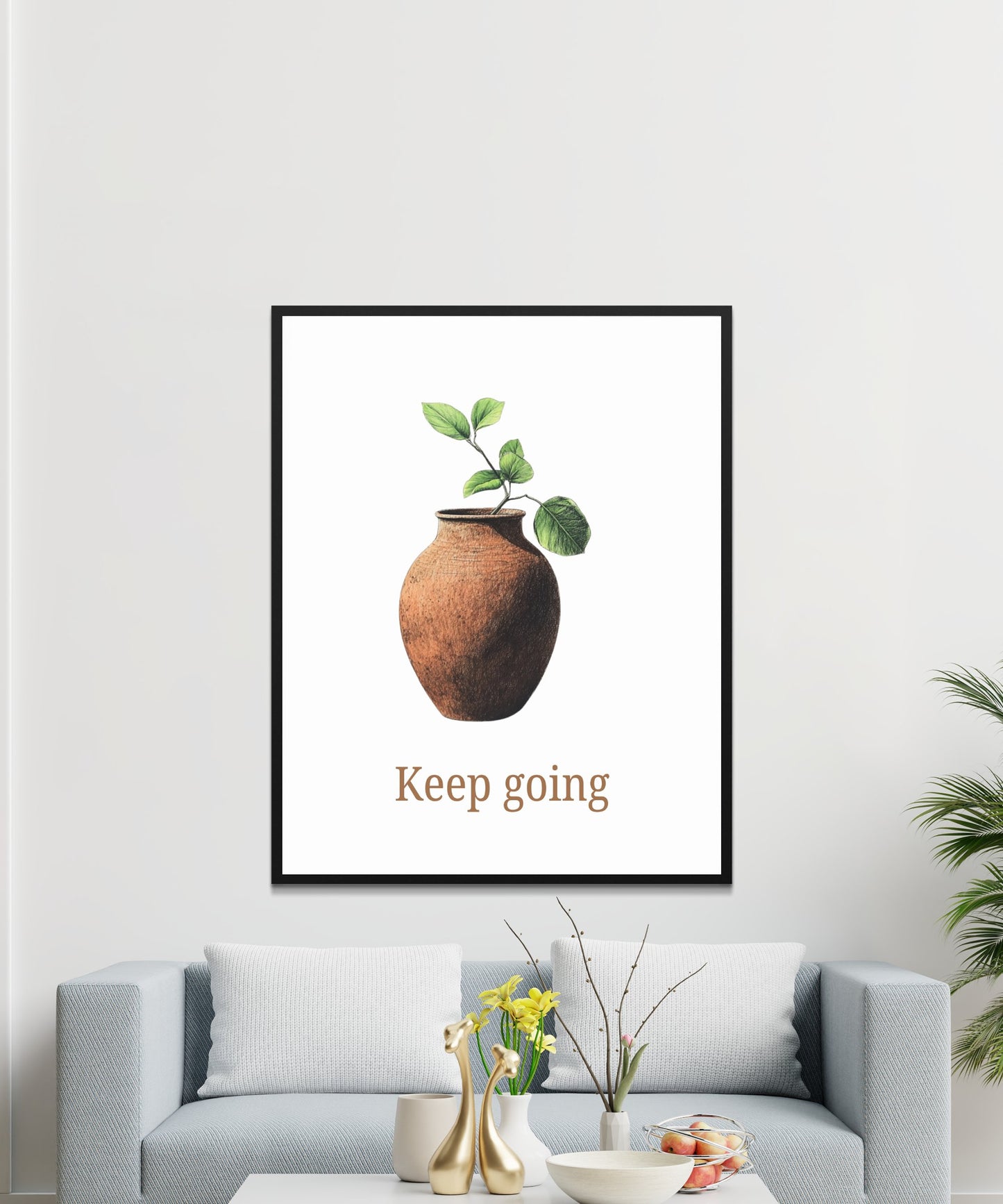 Minimalist Botanical Wall Art, Inspirational 'Keep Going' Quote, Modern Home Decor, Living Room Print