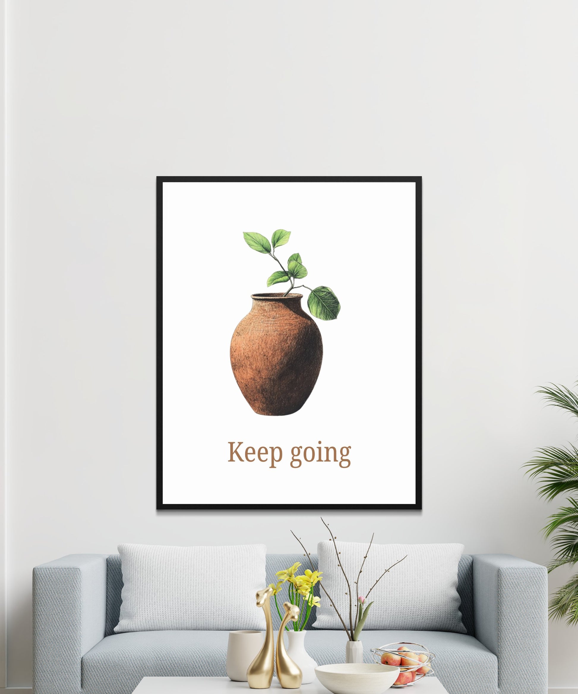 Minimalist Botanical Wall Art, Inspirational 'Keep Going' Quote, Modern Home Decor, Living Room Print