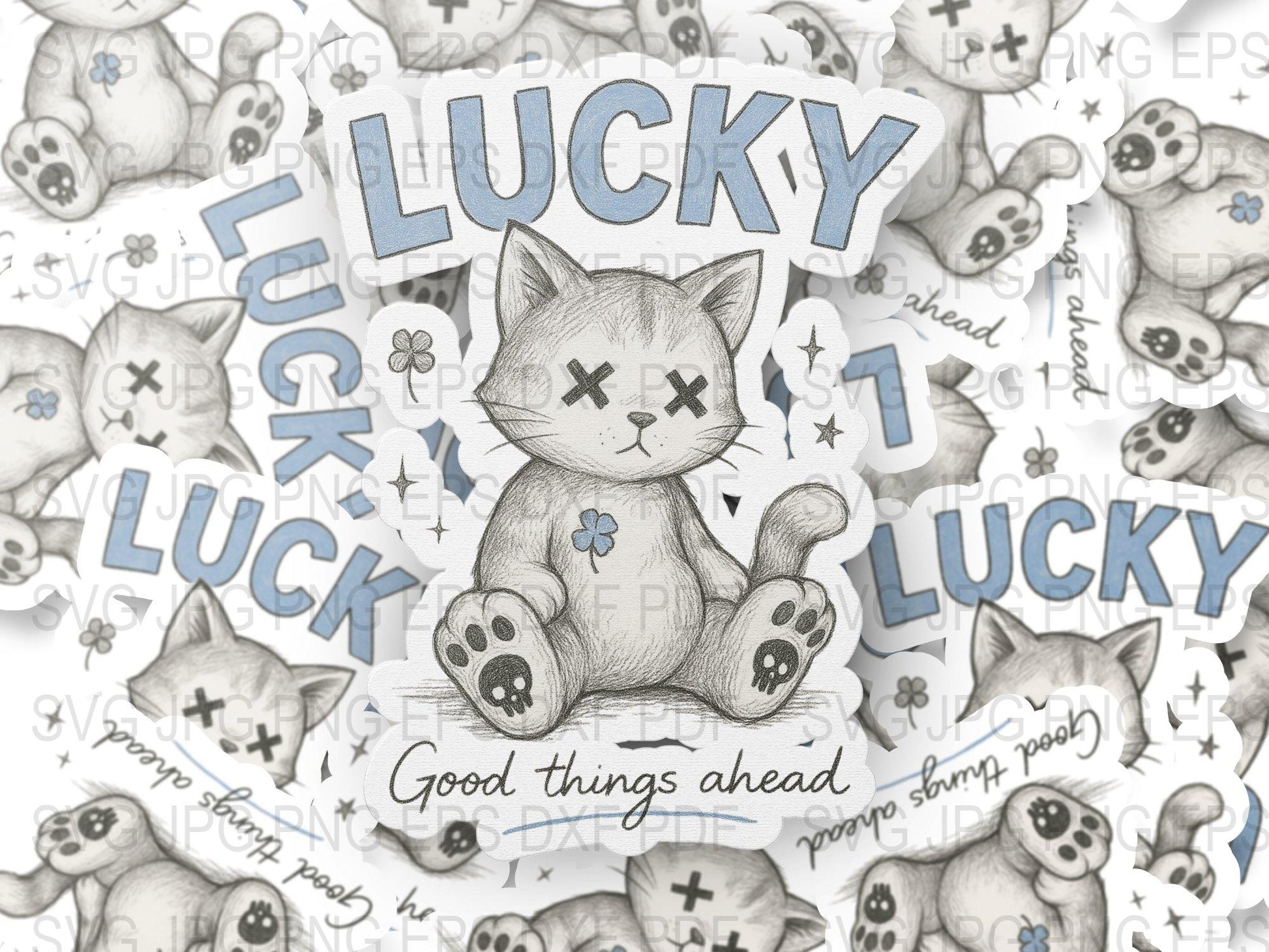 Lucky Cat Illustration Print, Good Things Ahead, Cute Kitten Artwork, Gray Tones, Positive Message, Home Decor Wall Art