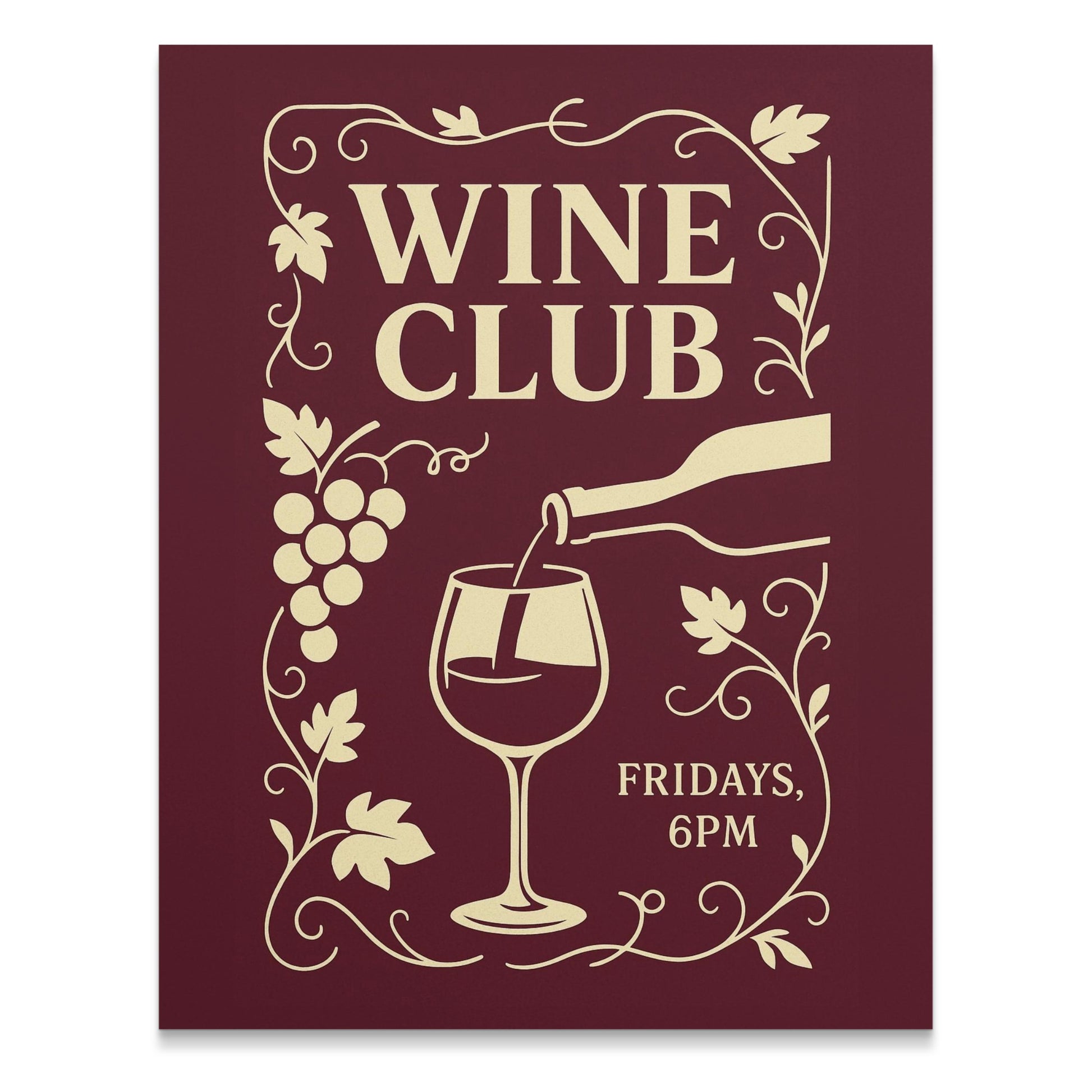 Vintage Wine Club Poster, Maroon Wall Art, Wine Glass and Grapes Print, Kitchen Decor, Friday Night Essentials