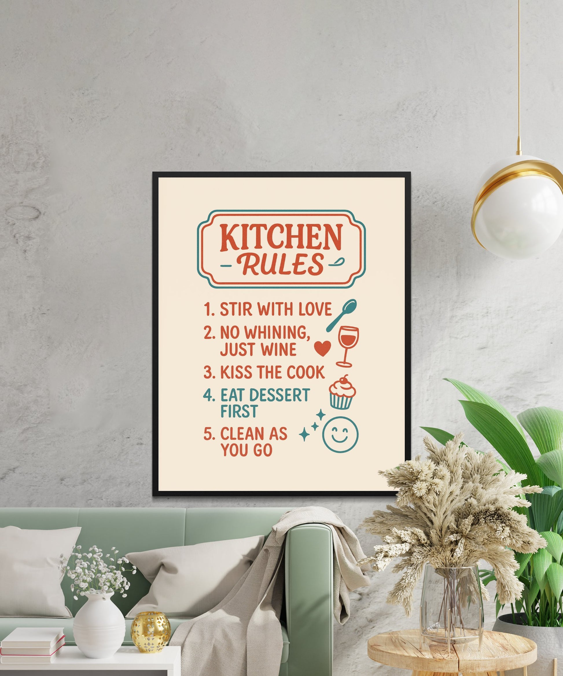 Kitchen Rules Wall Art Poster, Stir with Love, Wine Quote, Dessert First, Home Decor Print for Sale