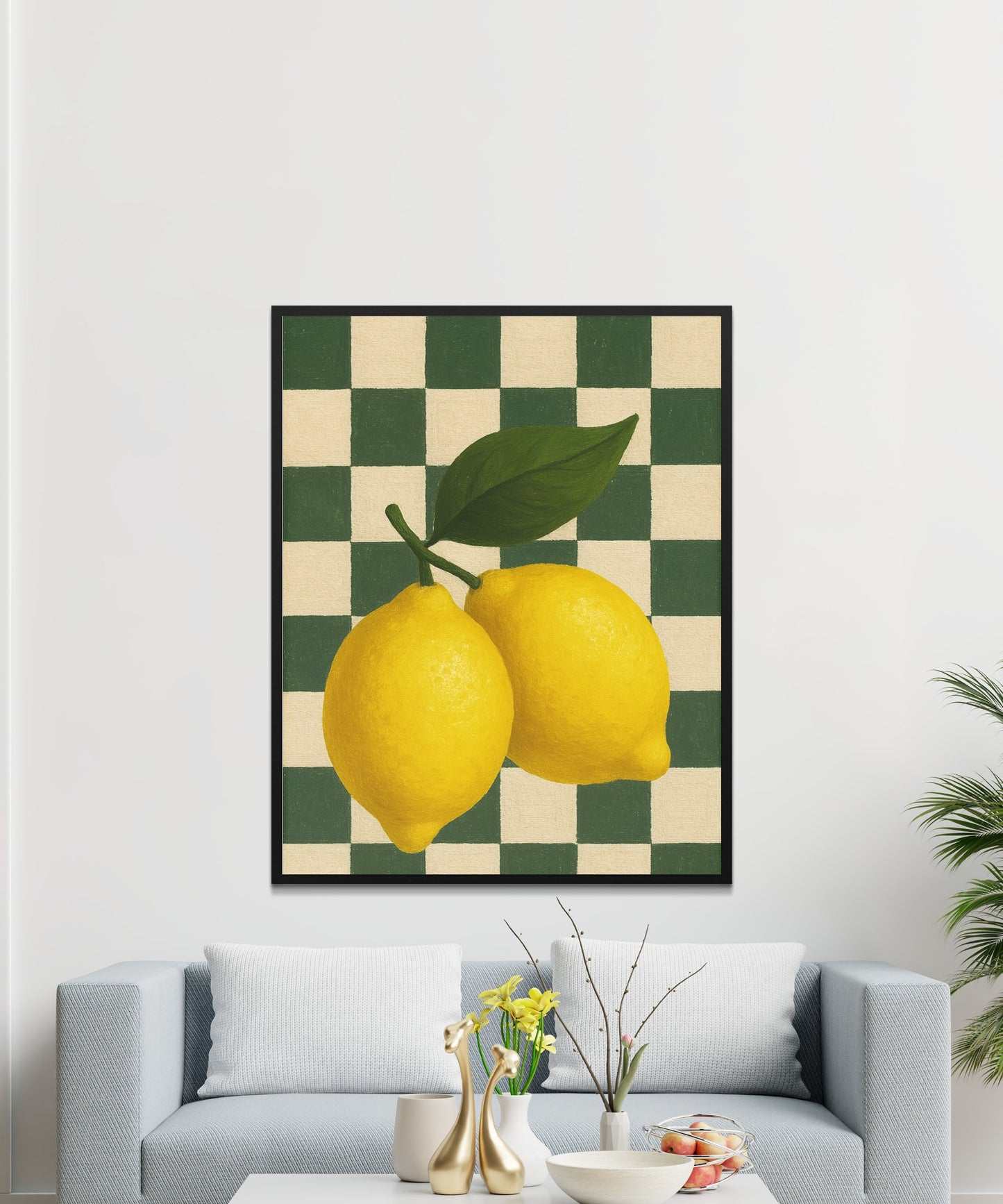 Bright Yellow Lemons Wall Art, Kitchen Decor, Citrus Fruit Canvas Print, Modern Checkerboard Background, Dining Room Decorative Piece
