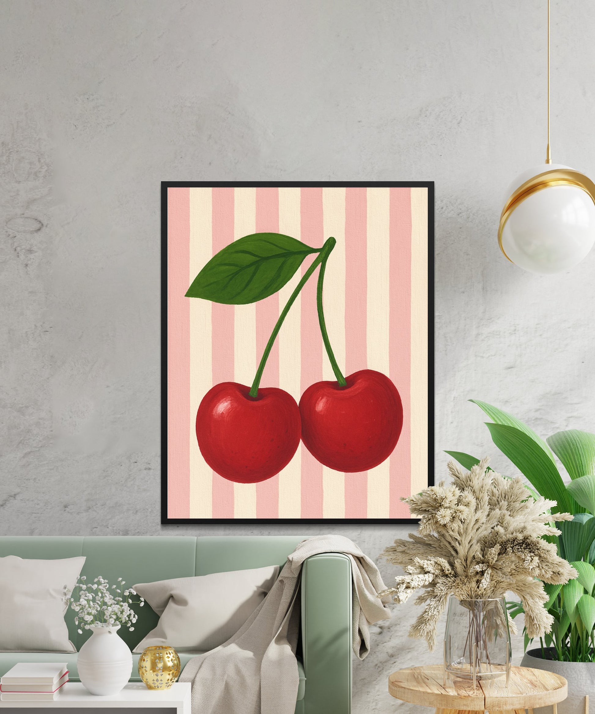 Cherry Art Print, Modern Kitchen Wall Decor, Red Fruit Illustration, Minimalist Dining Room Artwork