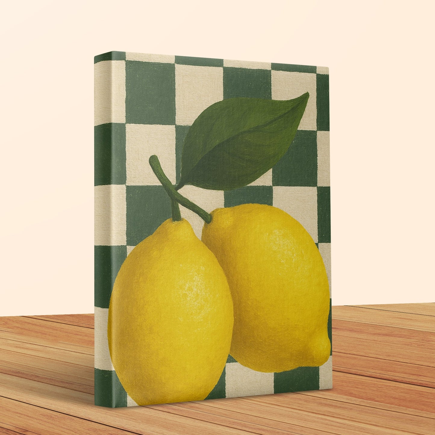 Vintage Lemon Art Canvas Print, Kitchen Wall Decor, Yellow Fruit Painting, Retro Style Home Decoration, Plaid Background