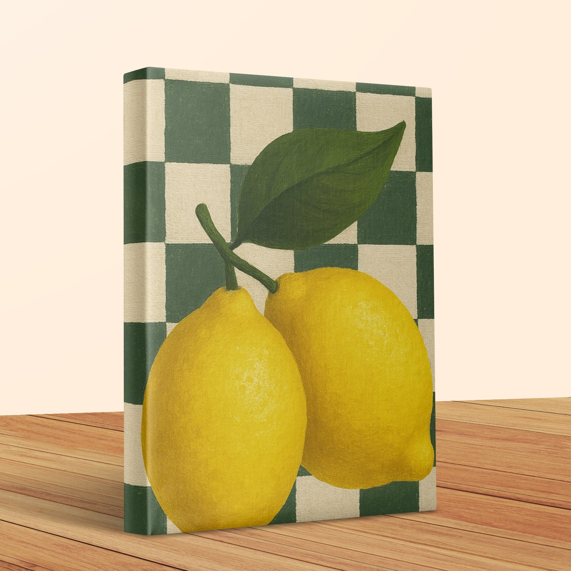 Vintage Lemon Art Canvas Print, Kitchen Wall Decor, Yellow Fruit Painting, Retro Style Home Decoration, Plaid Background