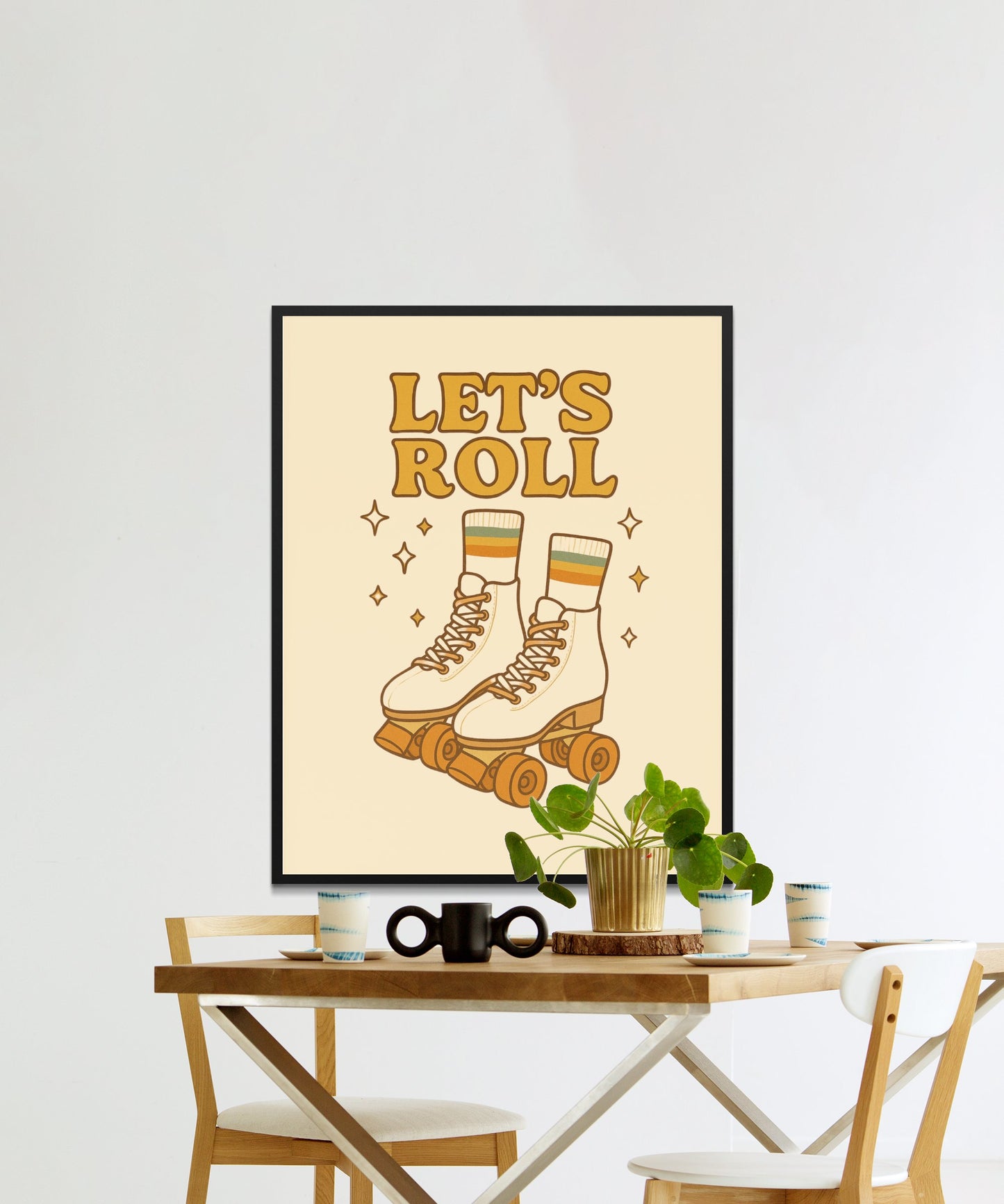 Vintage Roller Skates Print, Retro Skating Poster, Let's Roll Wall Art, Home Decor, Gift for Skaters, Beige Illustration