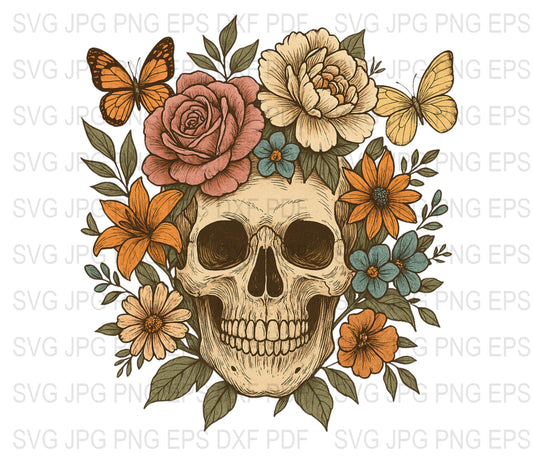 Vintage Floral Skull Art Print, Butterfly Skull Wall Decor, Gothic Home Decoration, Digital Download svg jpg eps