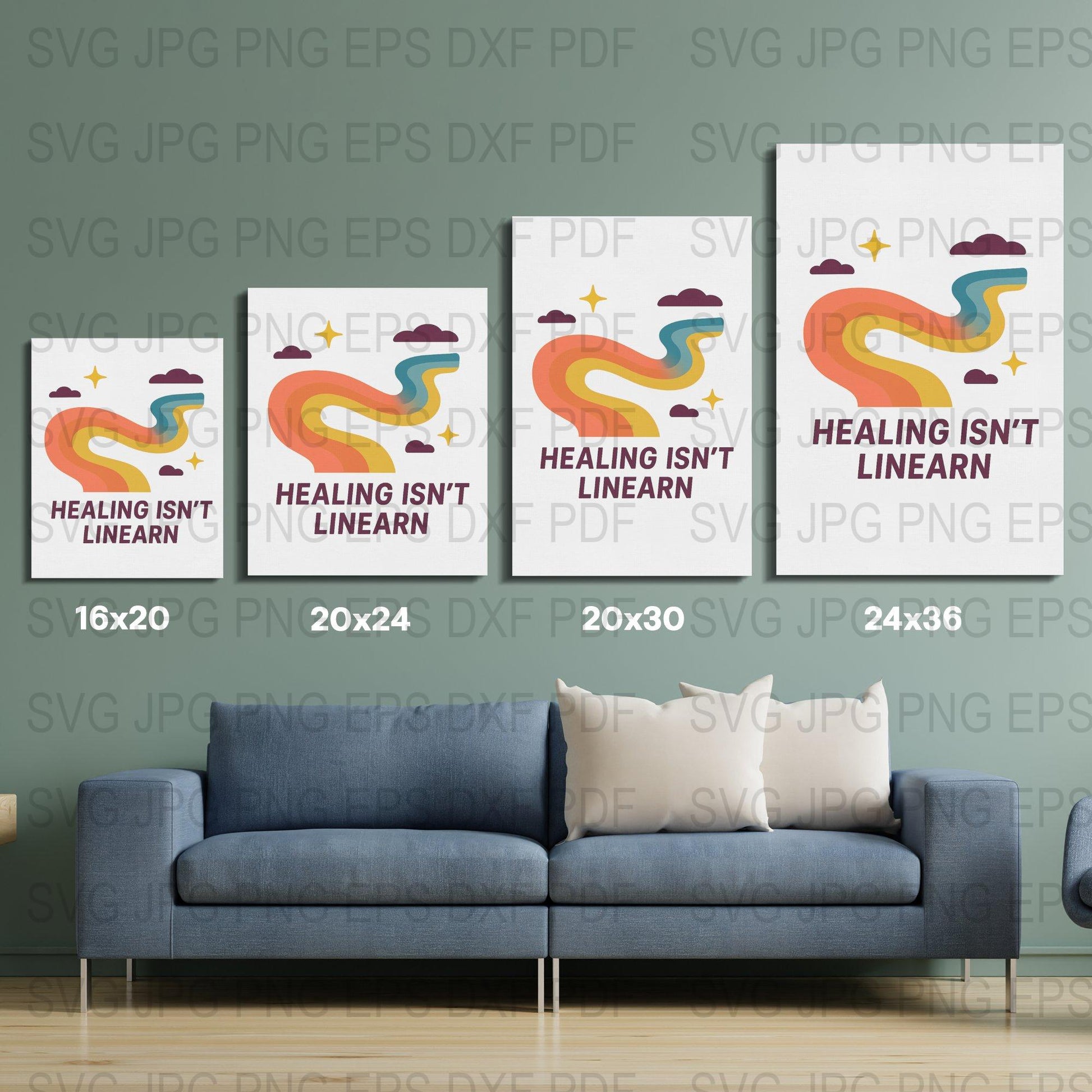 Healing Isn't Linear Wall Art Set, Abstract Rainbow SVG, JPG, Digital Download Room Decor