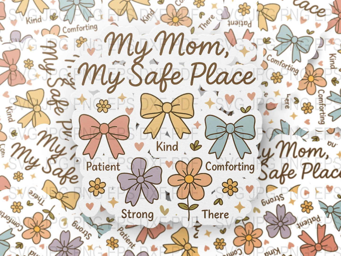 Mother's Day Gift Wrapping Paper, 'My Mom, My Safe Place' Theme with Flowers and Bows Design, Pastel Colors.