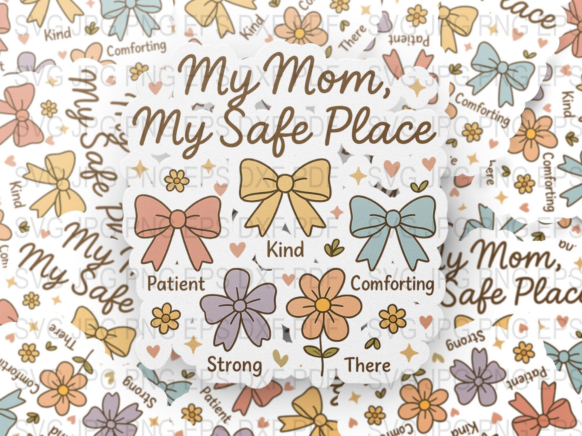 Mother's Day Gift Wrapping Paper, 'My Mom, My Safe Place' Theme with Flowers and Bows Design, Pastel Colors.