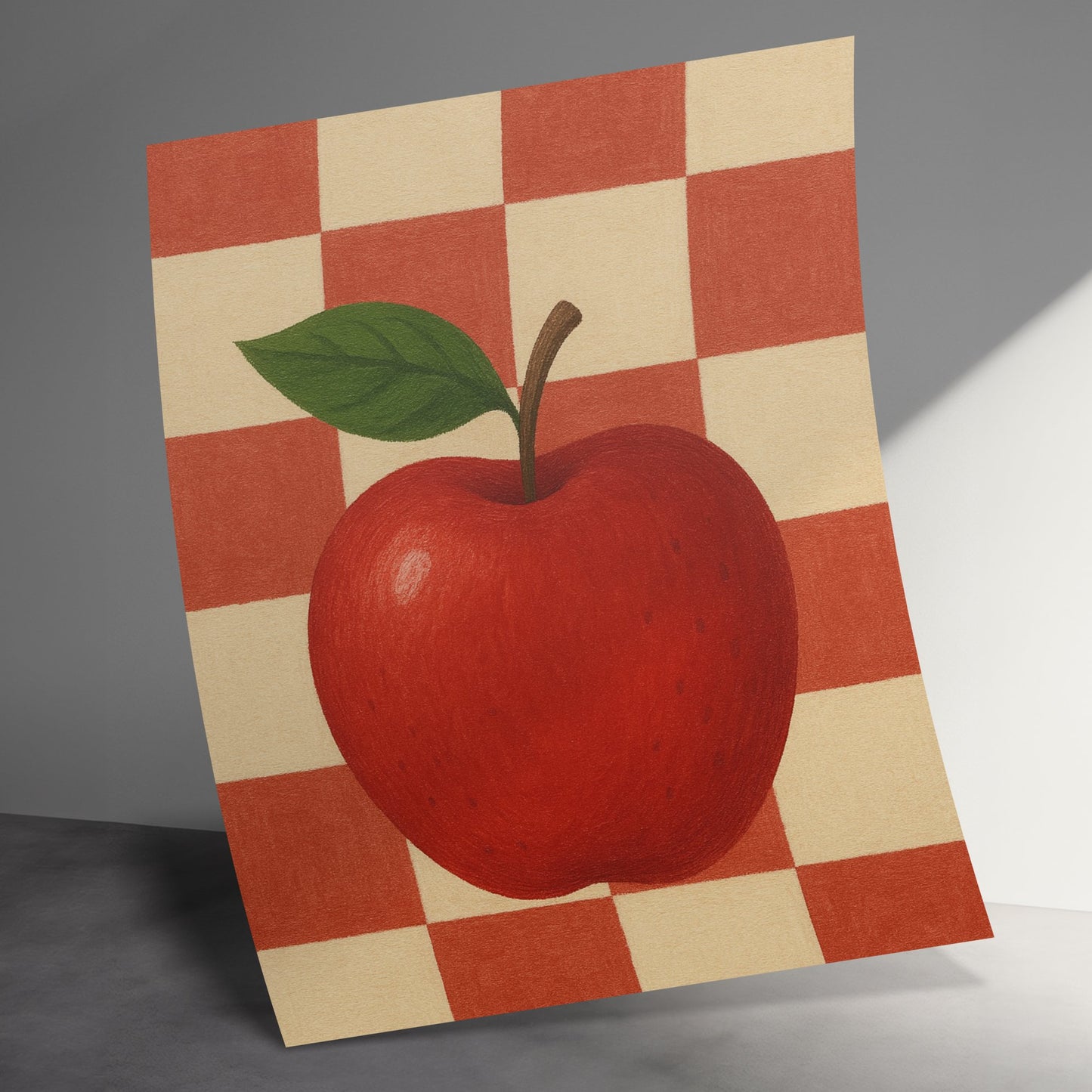 Vintage Apple Illustration Art Print, Rustic Kitchen Decor, Red Apple Wall Art, Checked Background, Farmhouse Style Home Decoration