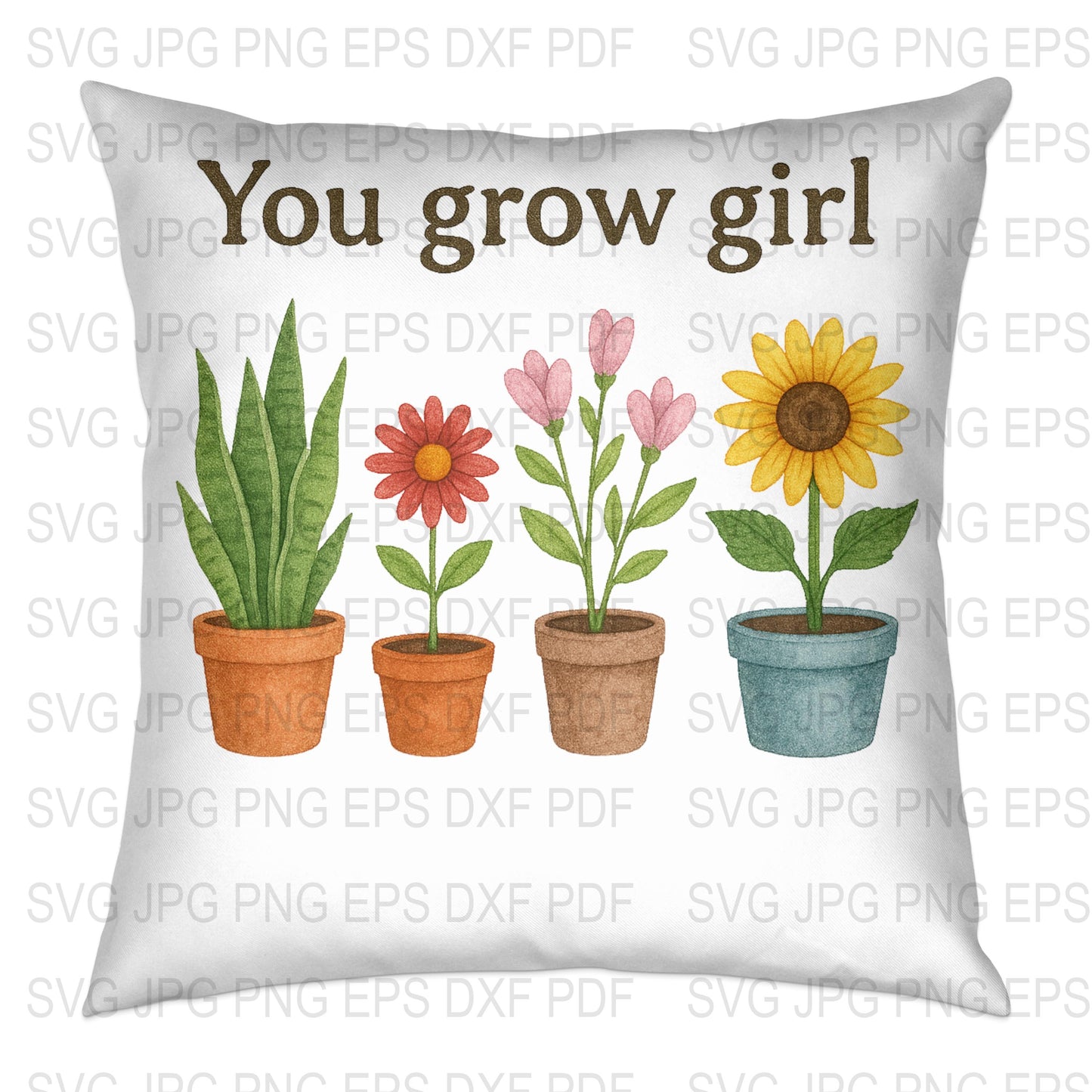 You Grow Girl Throw Pillow Cover, Inspirational Quote, Floral Home Decor, Watercolor Plants Cushion, Gift for Gardeners