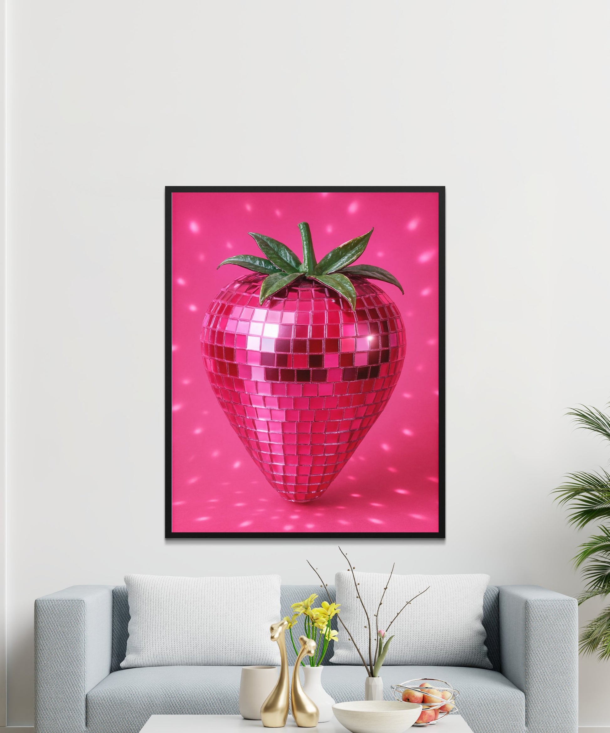 Large Pink Disco Ball Strawberry Art Print, Vibrant Fruit Wall Decor, Modern Kitchen Artwork, Unique Dining Room Decoration