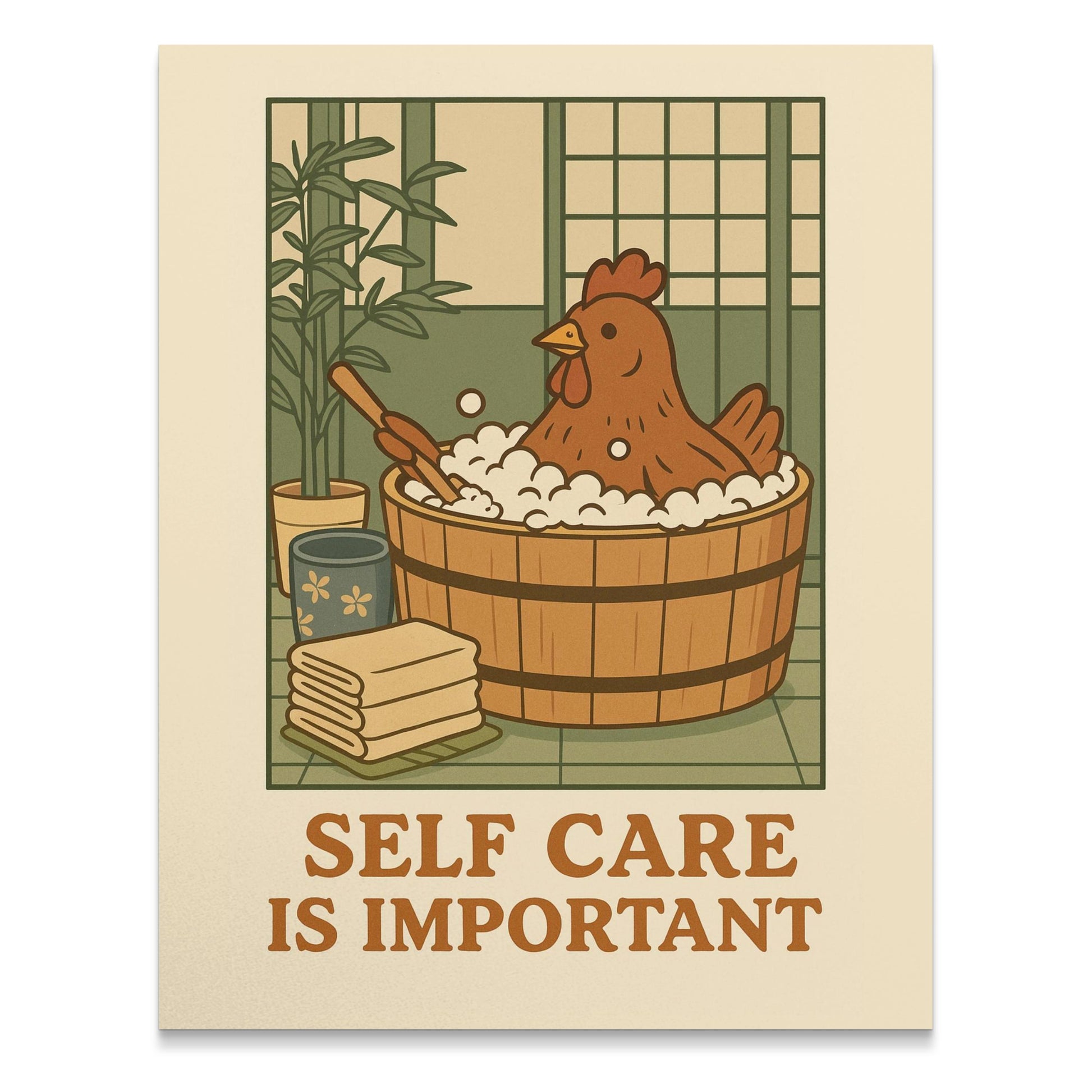 Chicken in Bathtub Art Print, Self Care Illustration Poster, Funny Animal Bathroom Decor, Vintage Style Wall Art