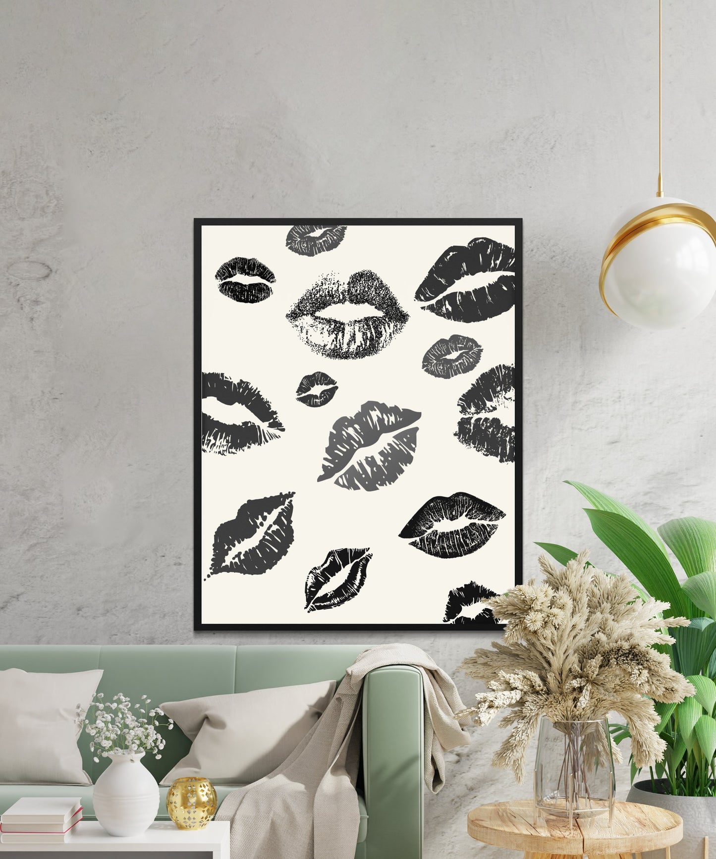 Modern Kiss Print Wall Art, Black and White Lips Poster, Stylish Home Decor, Living Room Artwork