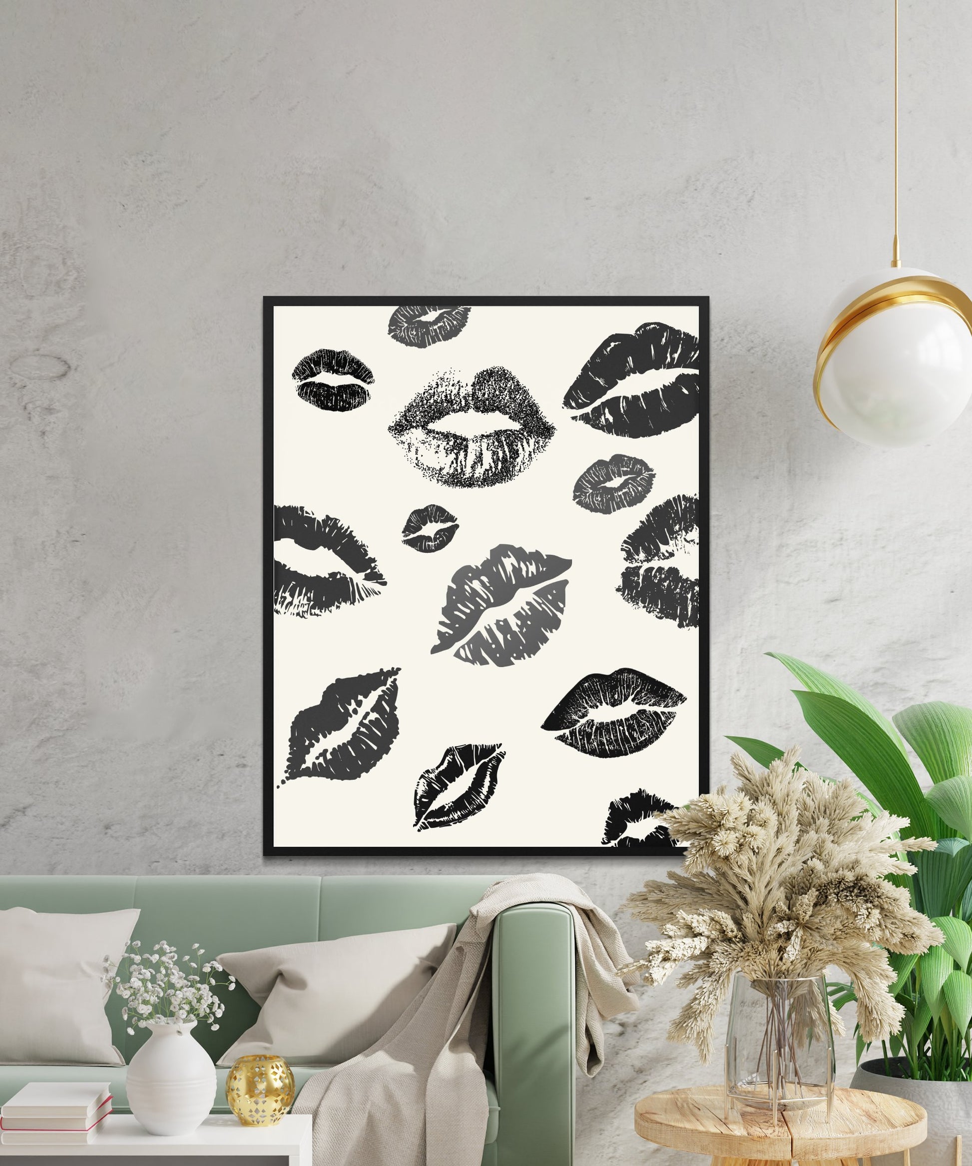Modern Kiss Print Wall Art, Black and White Lips Poster, Stylish Home Decor, Living Room Artwork