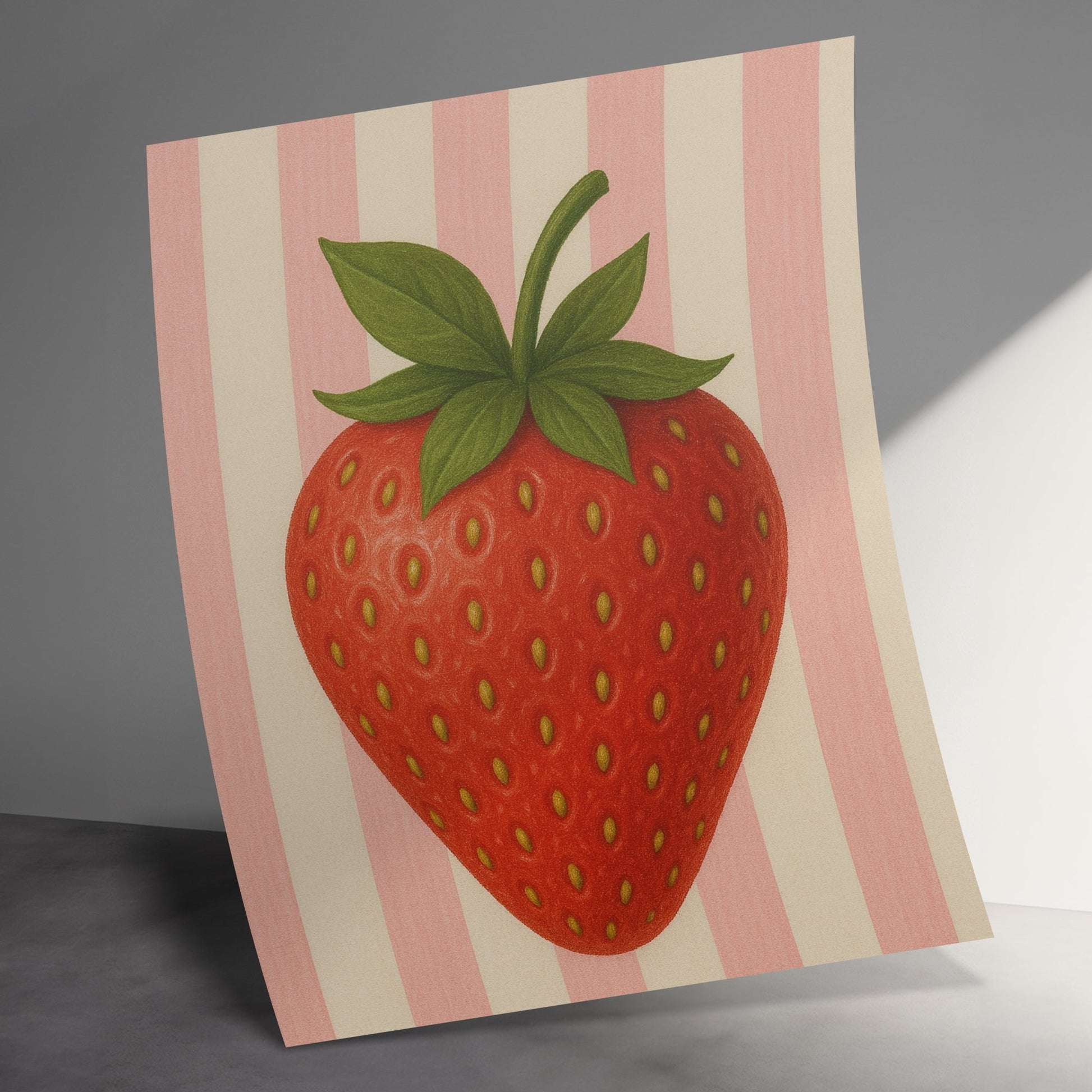 Hand-Painted Strawberry Artwork on Striped Background, Kitchen Wall Decor, Red Fruit Illustration