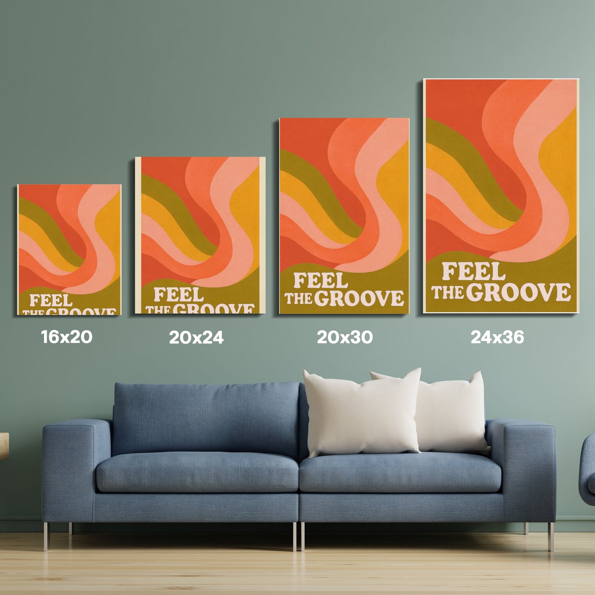 Retro Abstract Art, Feel The Groove Poster, Mid-Century Modern Wall Decor, Vibrant Color Canvas, Set of 4, Home Interior Design
