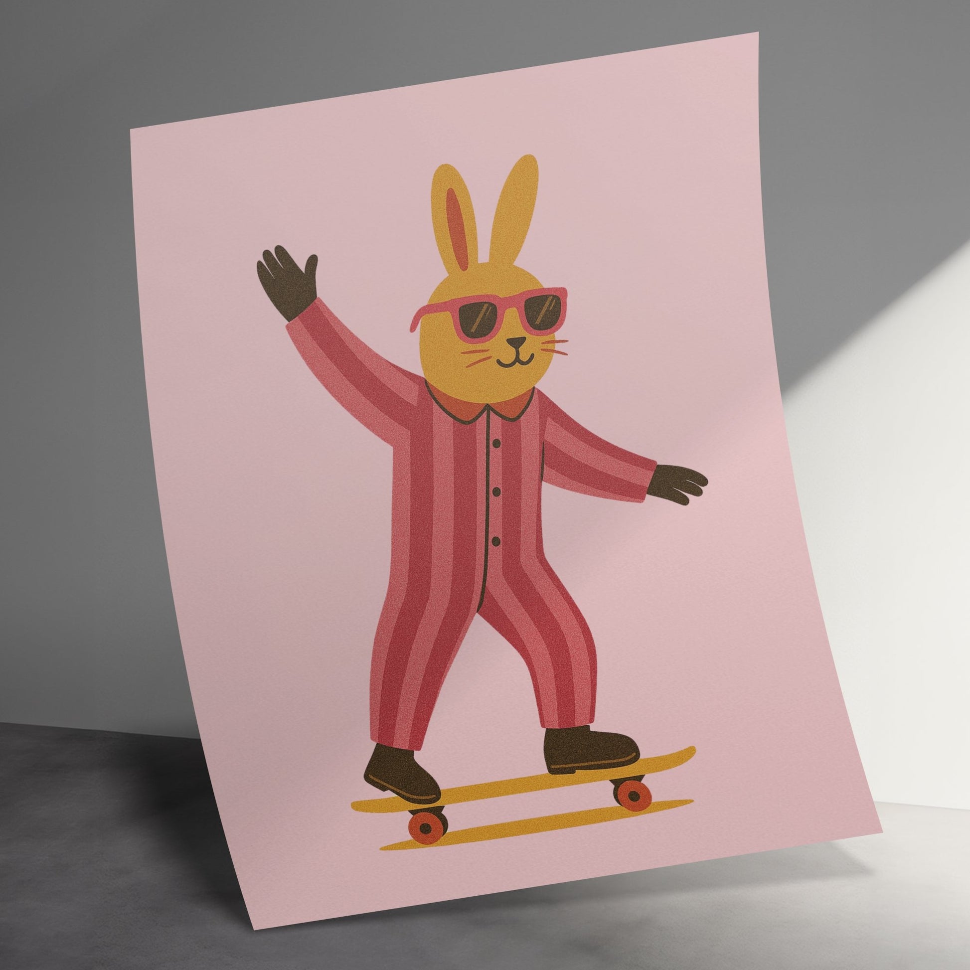 Cool Skateboarding Bunny Poster, Hipster Rabbit Wall Art, Kids Room Decor, Cartoon Animal Print