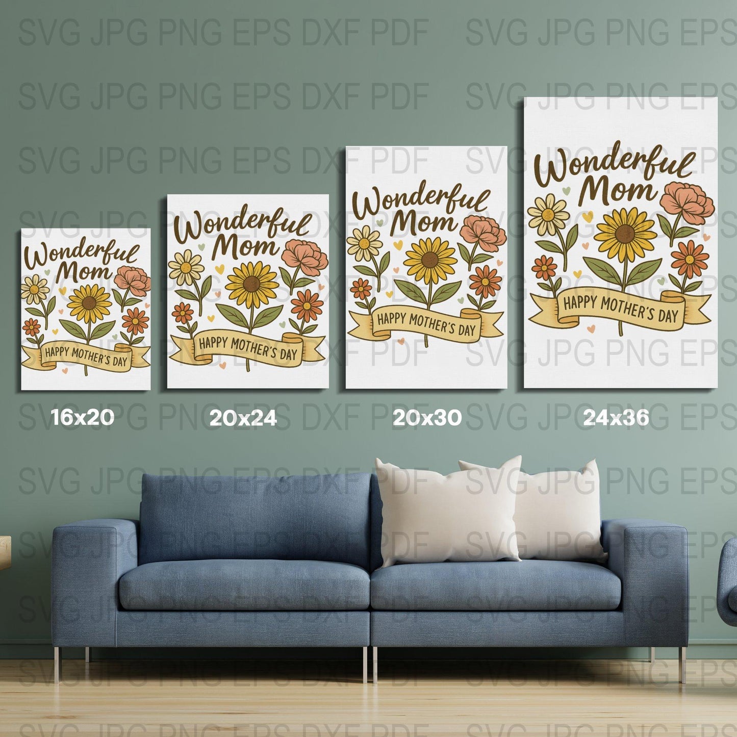 Wonderful Mom Happy Mother's Day Floral Art Prints, Colorful Wall Decor, Set of Four Posters