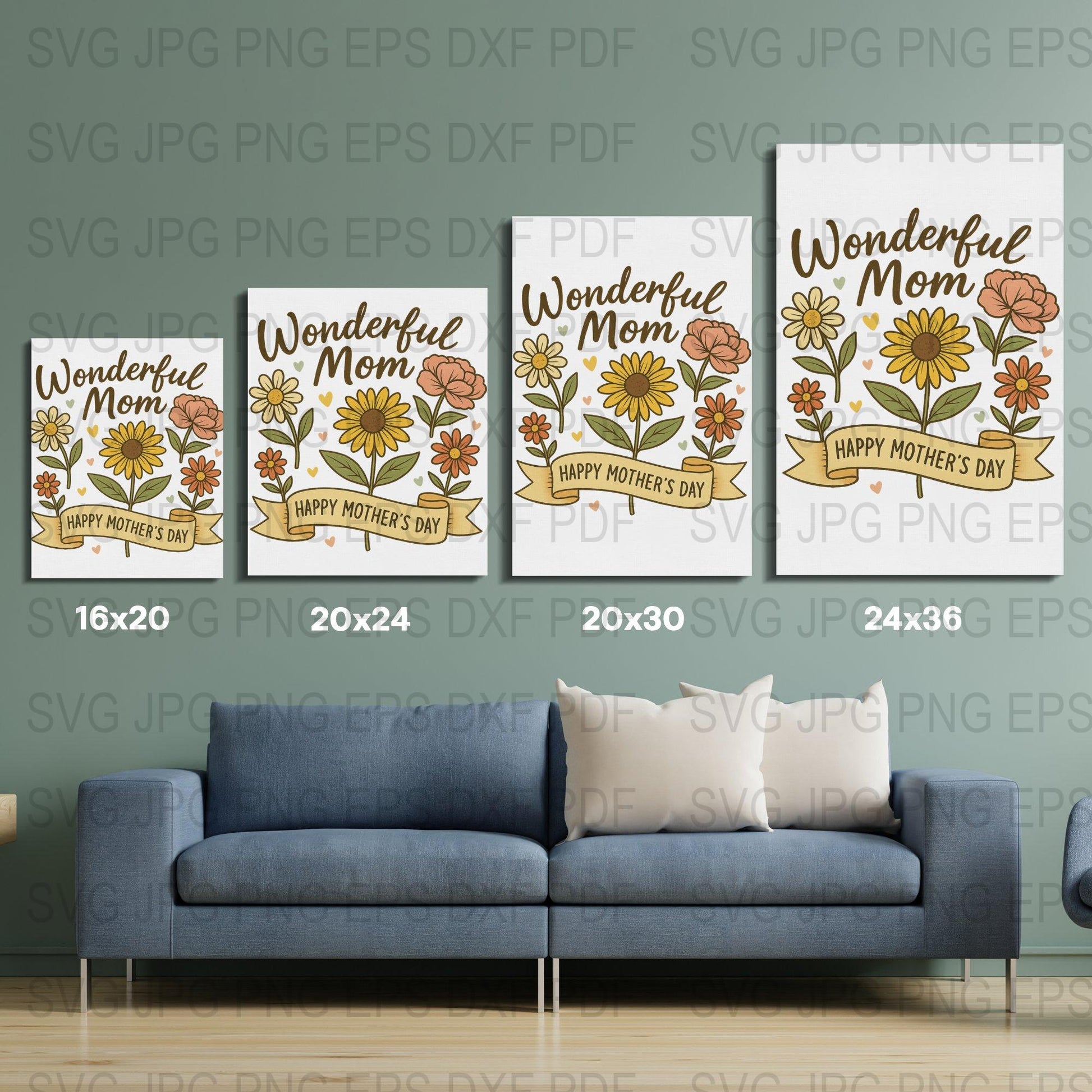 Wonderful Mom Happy Mother's Day Floral Art Prints, Colorful Wall Decor, Set of Four Posters