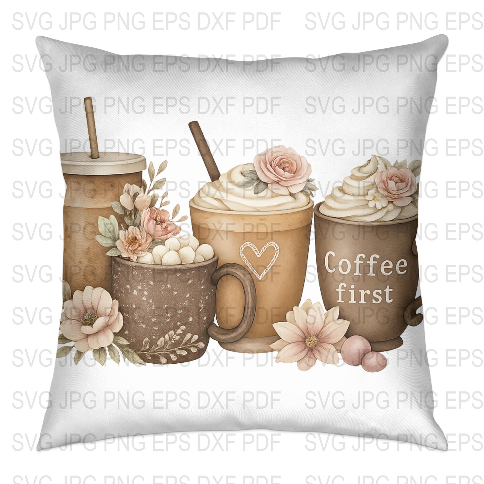 Coffee First Quote Pillow Cover, Floral Coffee Cup Design, Cream Beige Aesthetic, Home Decor