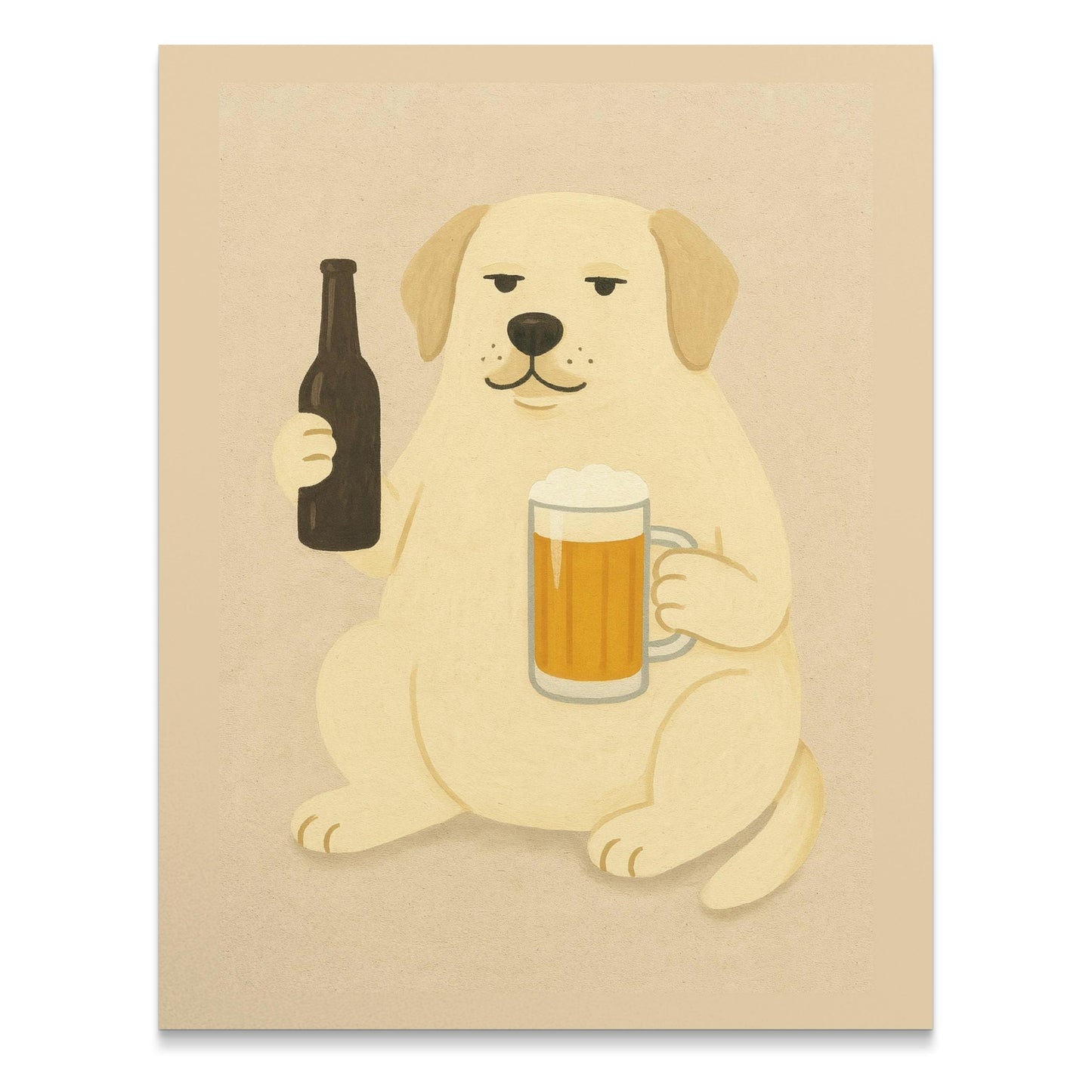 Cute Dog with Beer Print, Yellow Labrador Holding Beer Bottle and Mug, Animal Wall Art for Bar Decor, Pet Lover Gift