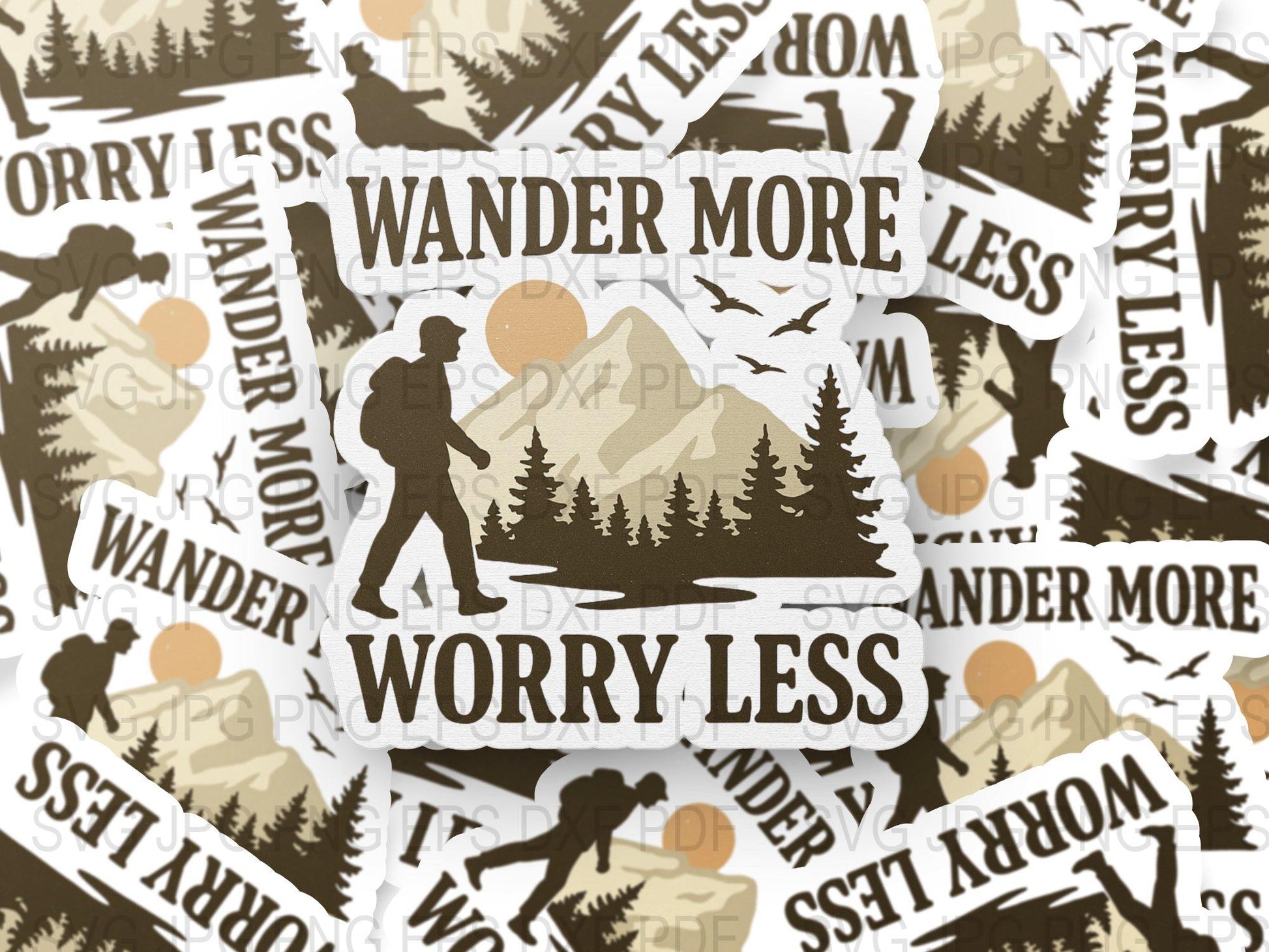 Wander More Worry Less Sticker, Hiking Outdoors Adventure Theme, Nature Lover Gift, Forest and Mountain Decal