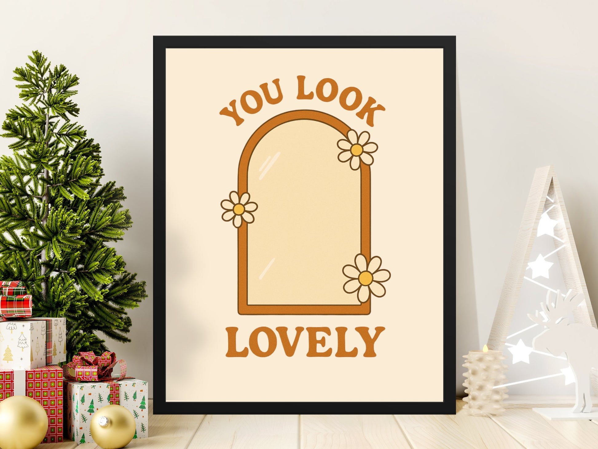 You Look Lovely Mirror Quote Poster, Inspirational Wall Art Print, Home Decor Gift, Elegant Typography, Floral Design