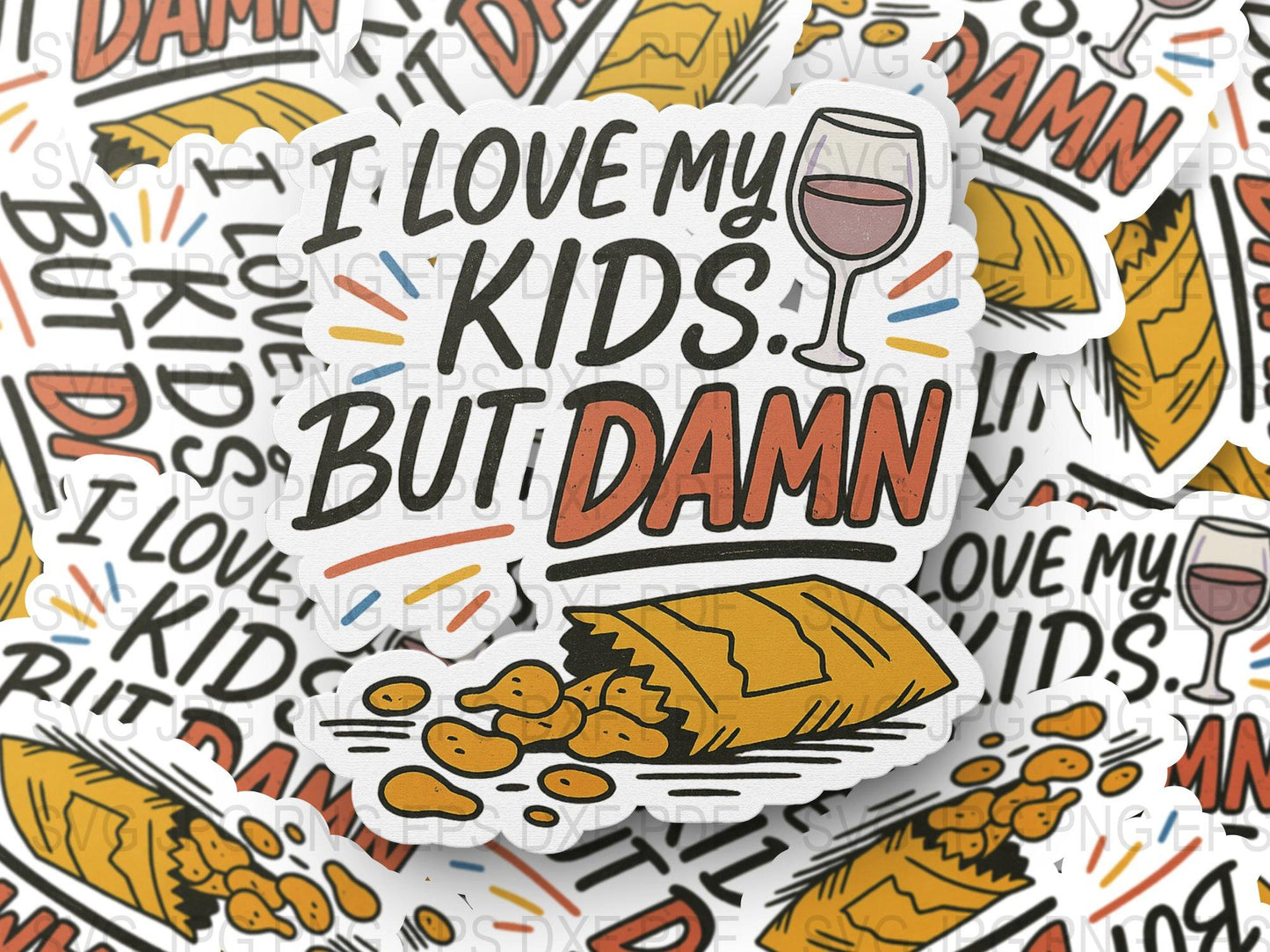I Love My Kids But Damn Funny Parenting Stickers, Wine and Snacks Humor Decals, Bulk Pack Vinyl Stickers for Laptops and Planners.