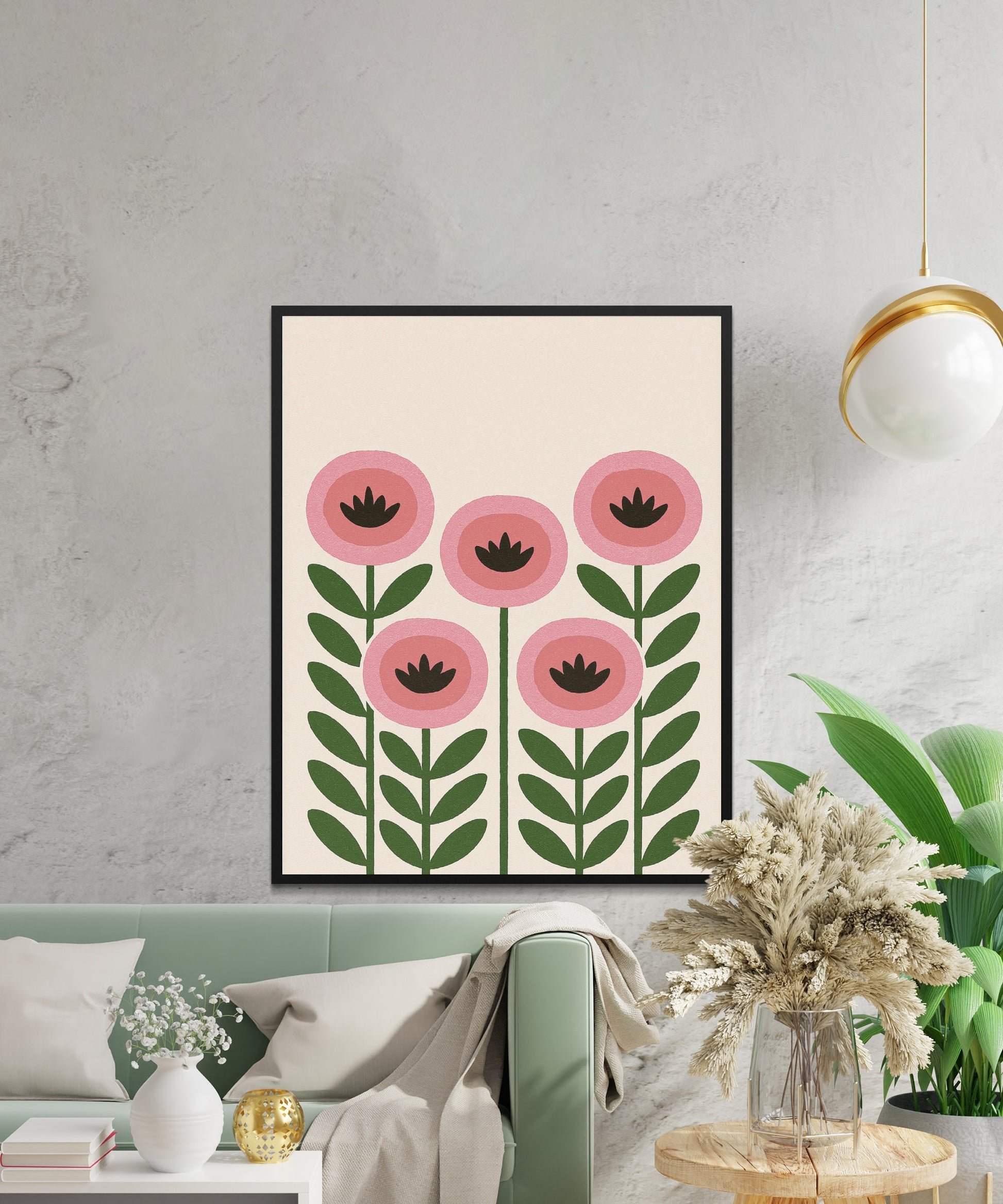 Modern Floral Wall Art Print, Pink Flowers Poster, Minimalist Home Decor, Living Room Decoration, Botanical Artwork