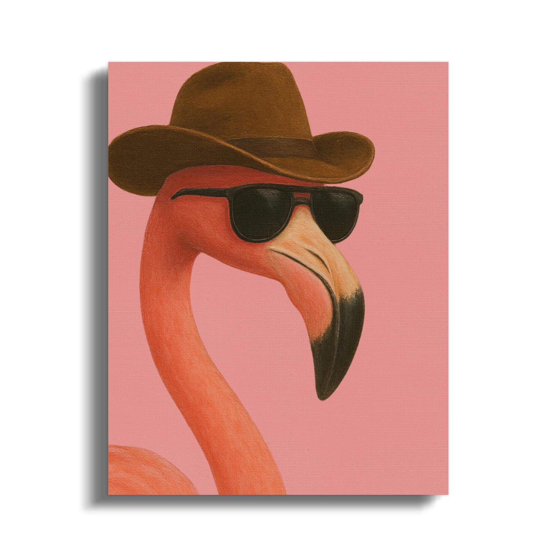 Whimsical Flamingo Art Print, Cowboy Hat Sunglasses, Pink Background, Tropical Bird Decor, Unique Wall Art, Gift Idea