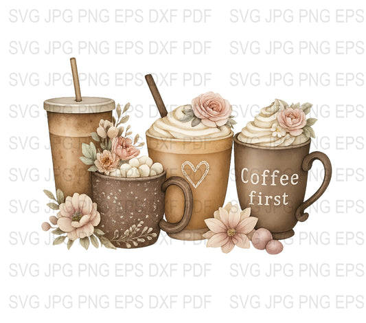 Coffee Cup Clipart, Floral Design, Digital Download SVG, JPG, PNG, EPS, PDF Files for Crafting, Scrapbooking, Card Making, Planner Stickers