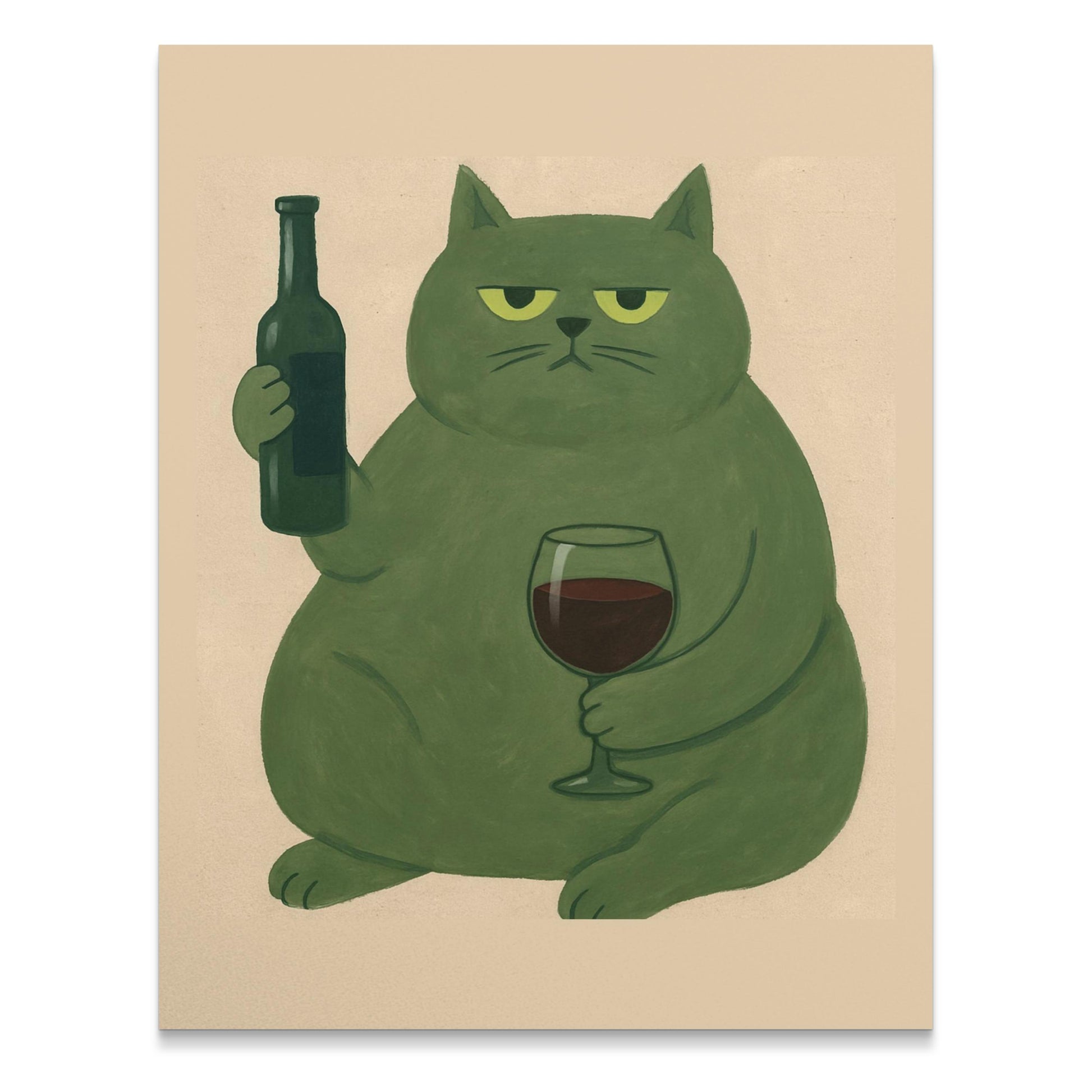 Funny Green Cat with Wine Bottle and Glass Art Print, Quirky Cat Lover Wall Decor, Unique Gift Idea