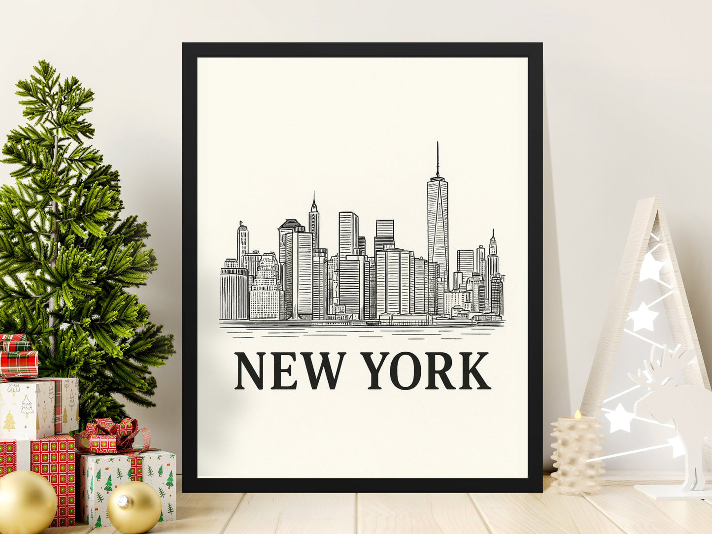 New York City Skyline Wall Art Print, Modern Urban Home Decor, Black and White Poster, Office Decoration, Framed NYC Artwork
