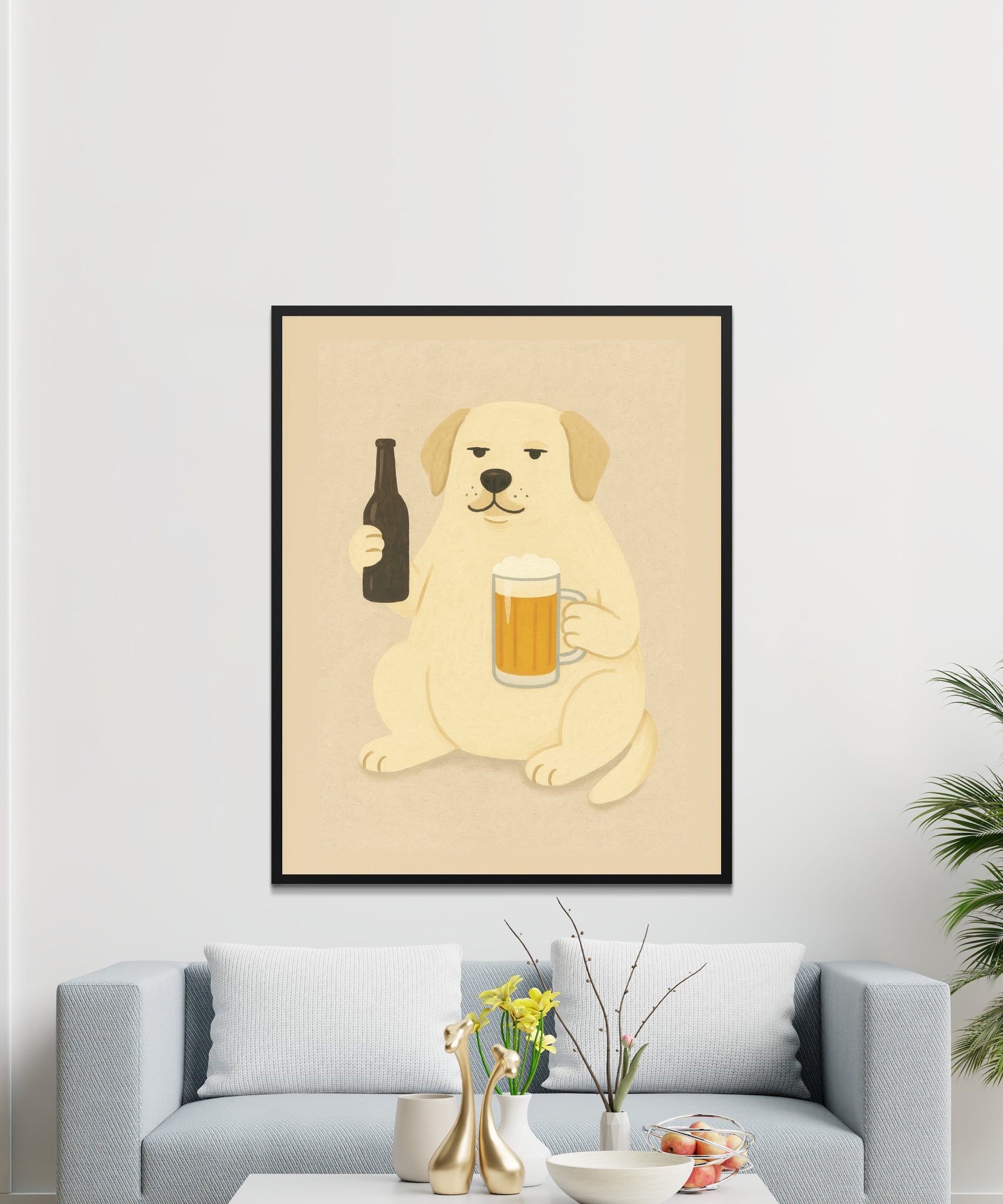 Funny Dog Art Print Holding Beer and Mug, Cartoon Animal Wall Decor, Playful Pet Poster, Home Bar Artwork, Cute Puppy Illustration