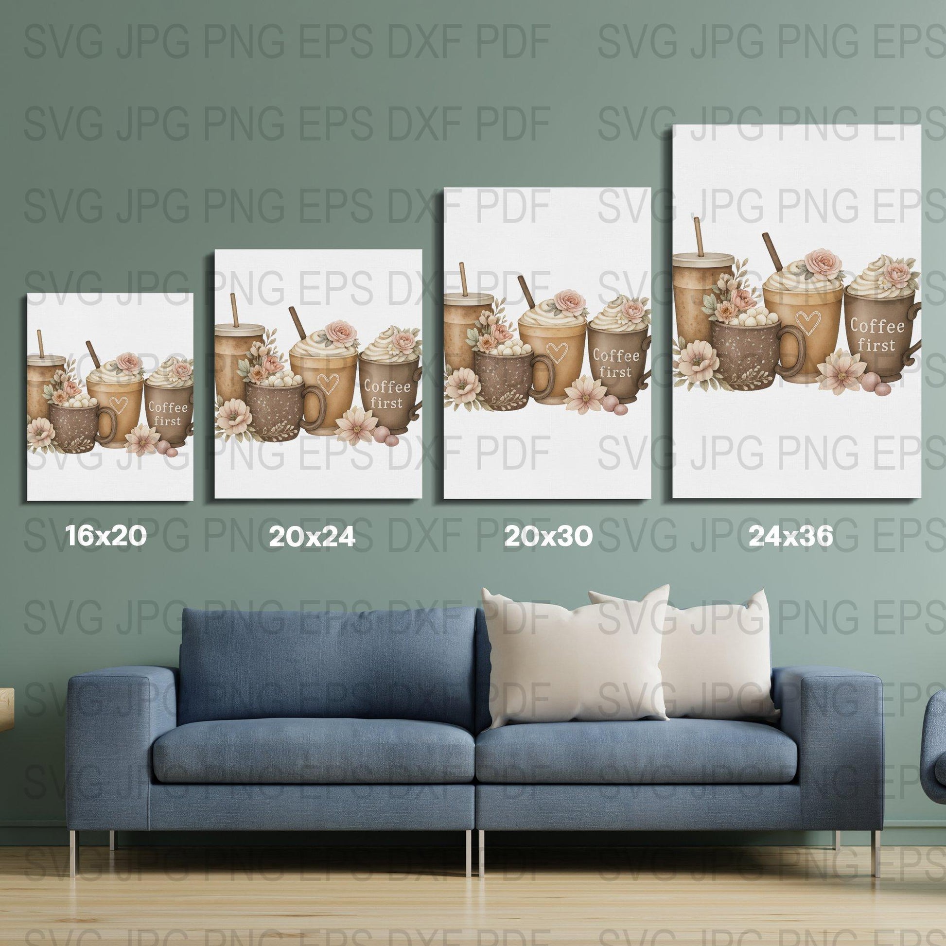 Coffee Cup Floral Art Prints, Kitchen Decor Wall Art, Modern Home Aesthetic, Digital Download Files
