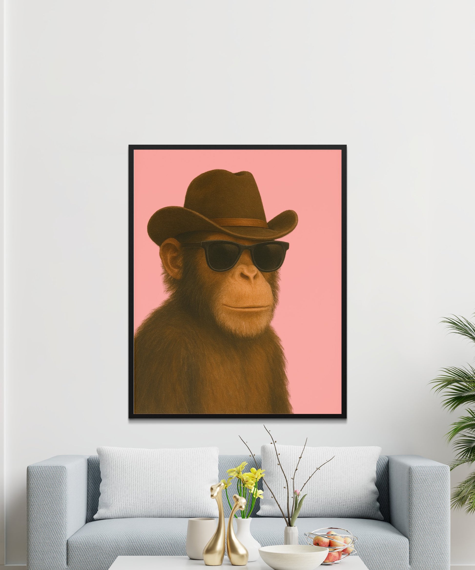 Monkey in Hat and Sunglasses Wall Art, Stylish Animal Poster, Modern Living Room Decor, Quirky Home Interior Design