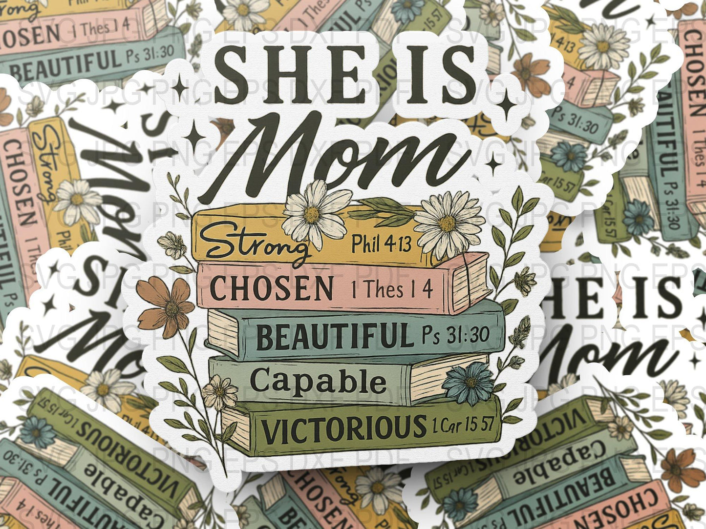 Inspirational Mom Book Stack Decal, Mother's Day Gift, Floral Book Art, Christian Verses, Home Decor Stickers, Strong Beautiful Capable