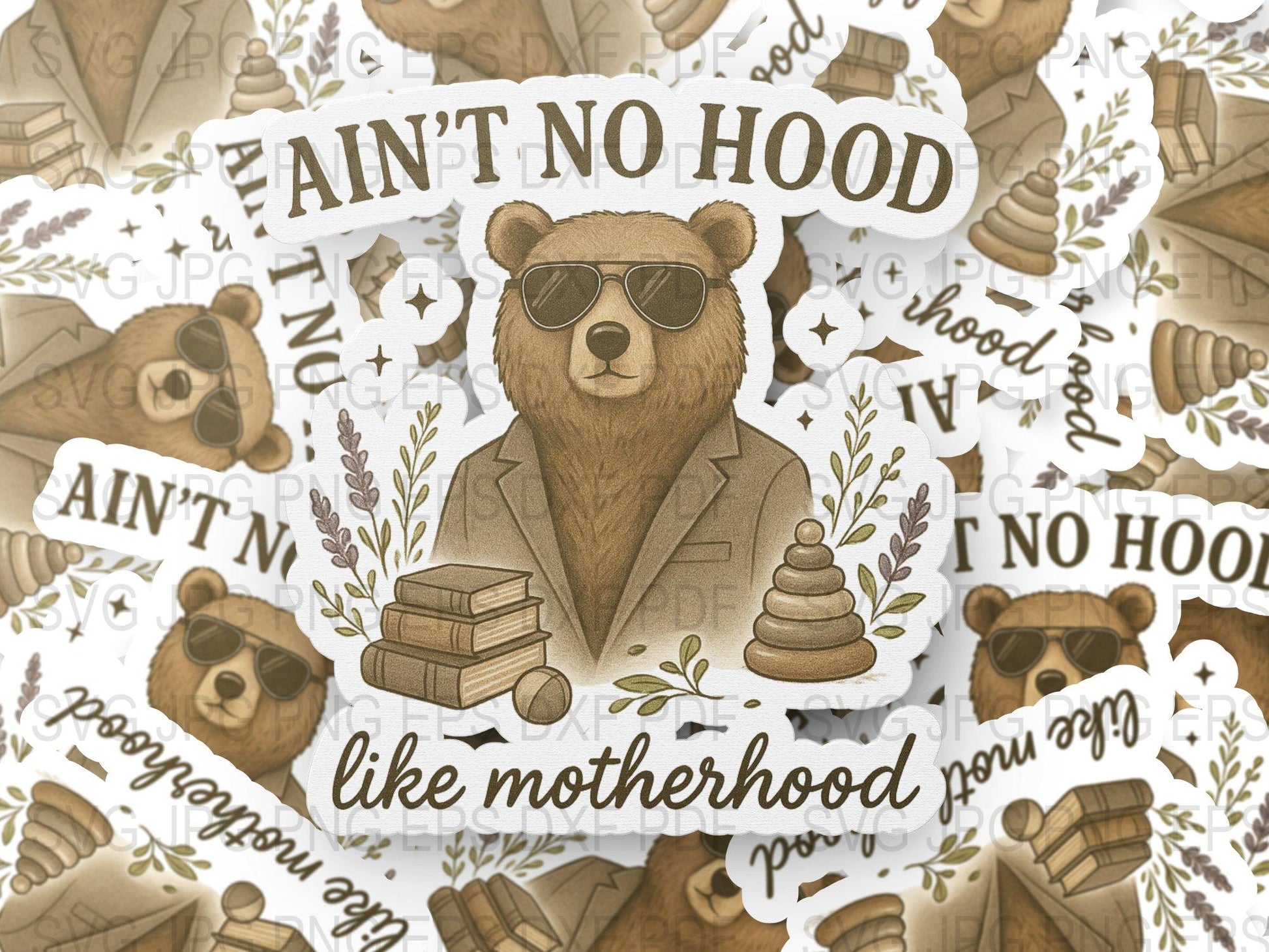 Motherhood Bear Art Print, Ain't No Hood Like Motherhood, Cute Bear and Books Illustration, Nursery Decor Wall Art