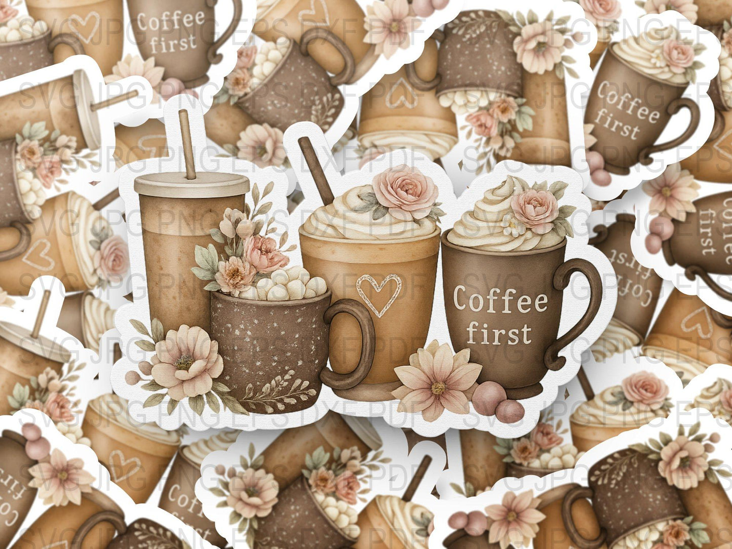 Coffee Lover Stickers, Floral Coffee Cup Decals, Cute Planner Accessories, Scrapbooking Supplies