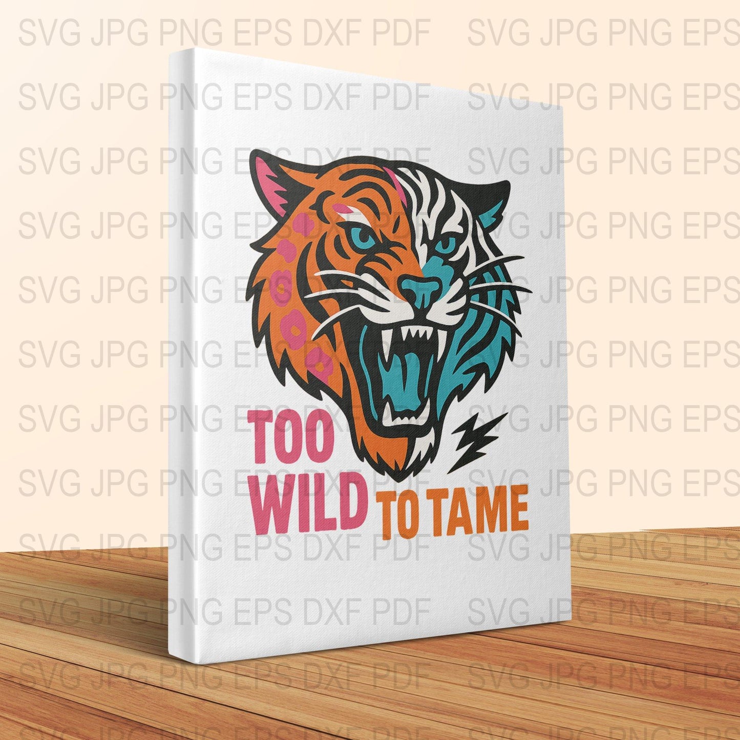 Colorful Tiger Graphic Canvas Art, 'Too Wild to Tame' Text, Modern Wall Decor, Vibrant Home Office Decoration