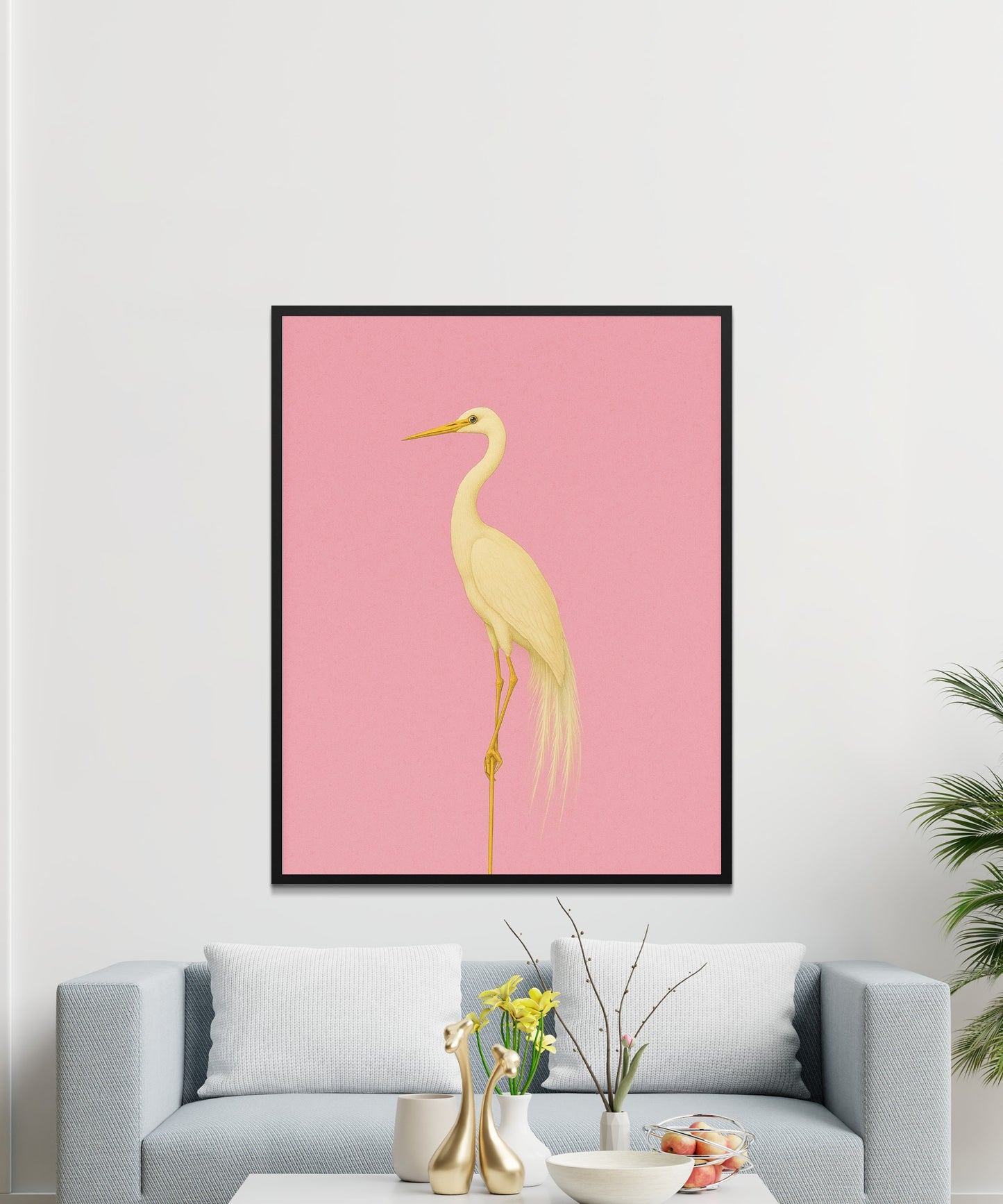 Elegant Crane Art Print, Minimalist Bird Wall Decor, Pink and Gold, Modern Living Room Artwork