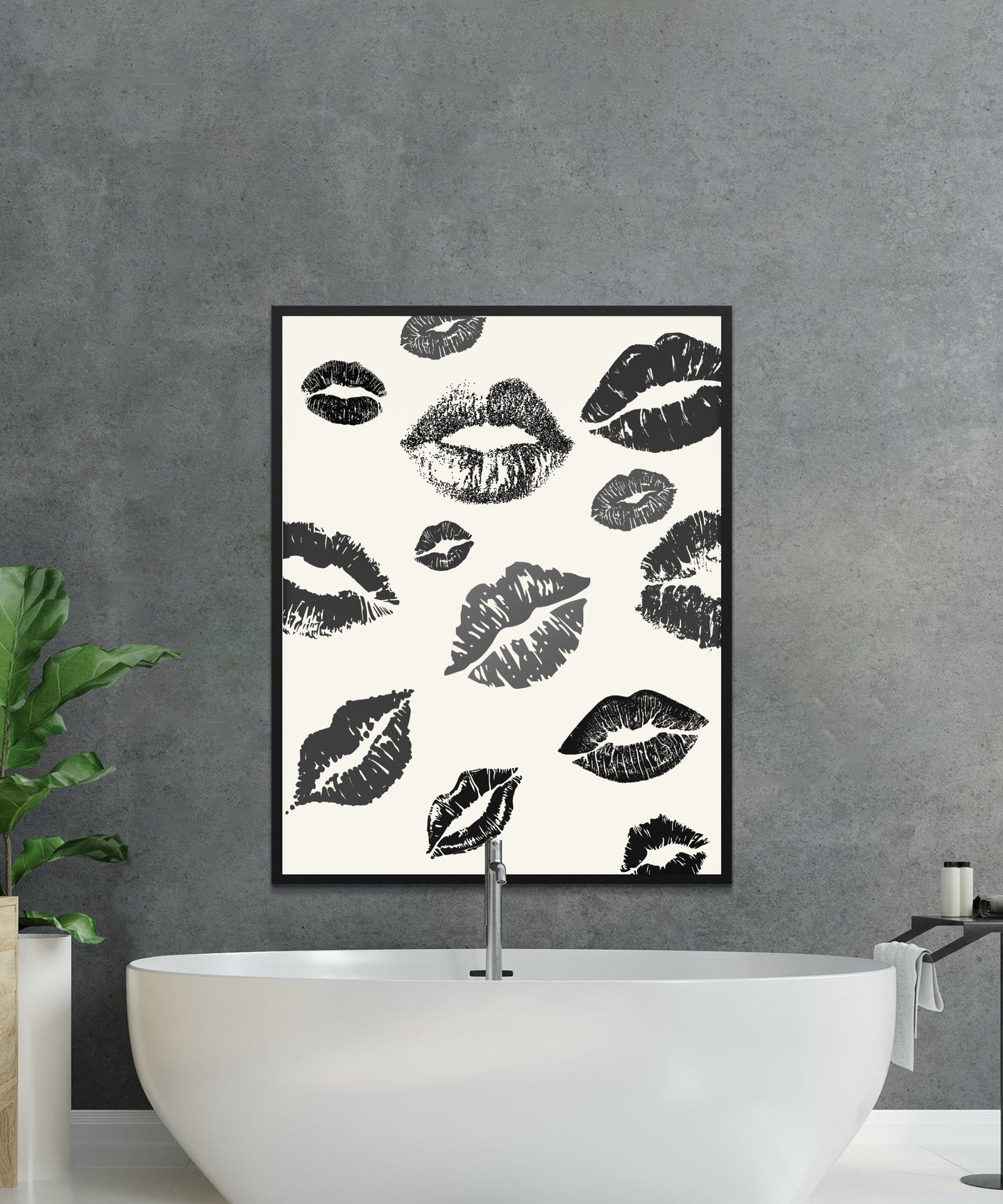 Black and White Kiss Print, Modern Lipstick Marks Wall Art, Trendy Bathroom Decor, Stylish Minimalist Poster