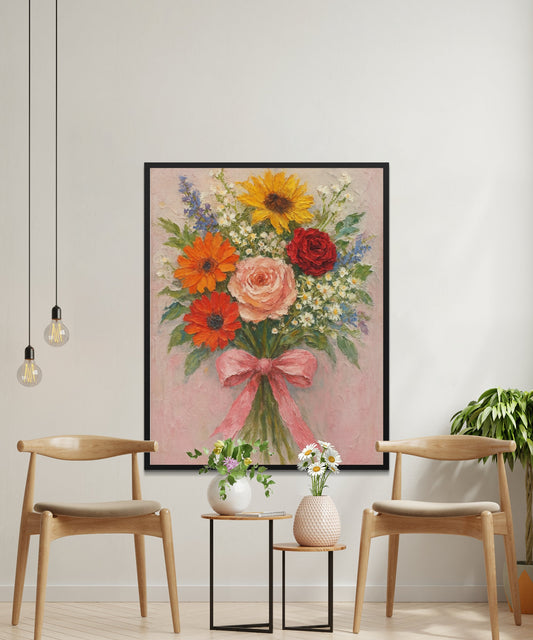 Floral Canvas Art Print, Colorful Bouquet Painting, Vintage Home Decor, Living Room Wall Art