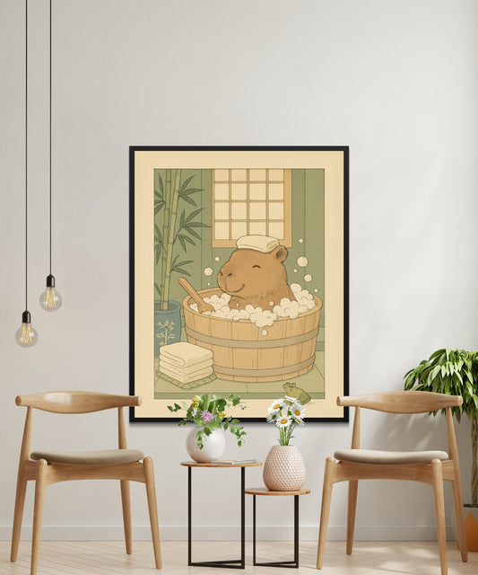Cute Capybara Bath Art Print, Capybara in Tub Wall Decor, Japanese Style Illustration, Animal Poster, Home Decoration, Nursery Artwork